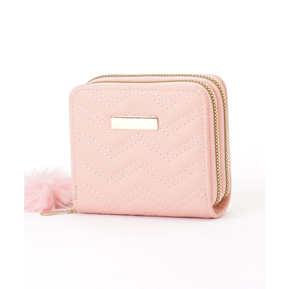 レースレディース Lace Ladies ファー チャーム付き ジグザグ ステッチ コンパクト ウォレット （ブルー） ブルー