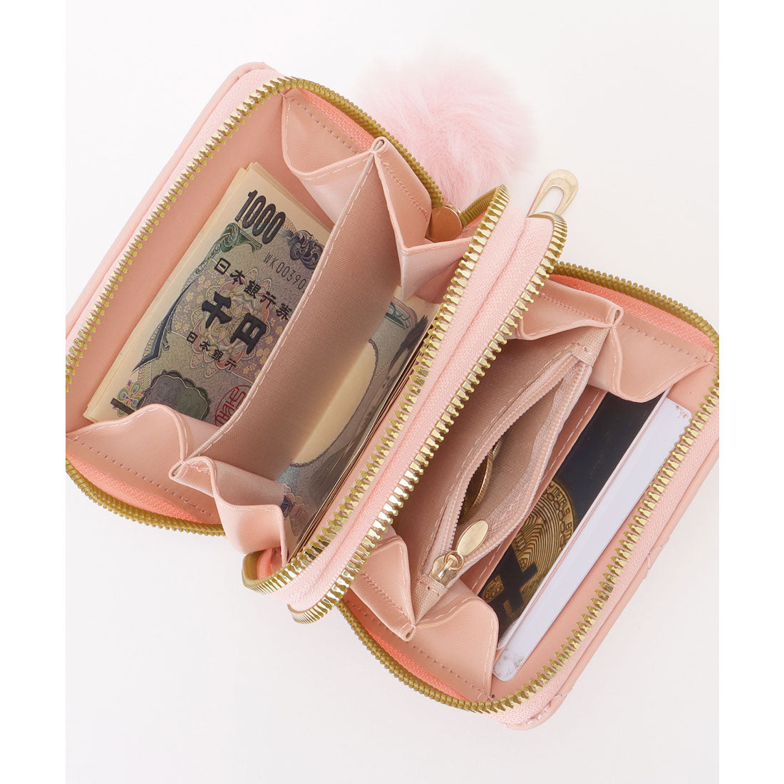 レースレディース Lace Ladies ファー チャーム付き ジグザグ ステッチ コンパクト ウォレット （ブルー） ブルー