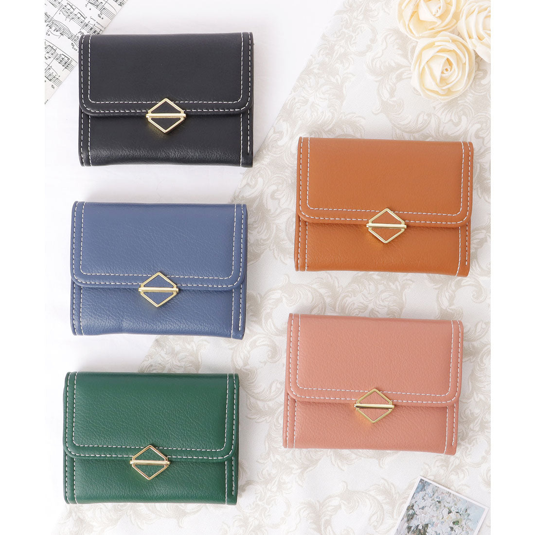 レースレディース Lace Ladies スクエア モチーフ付き レザー調 ステッチ 三つ折り財布