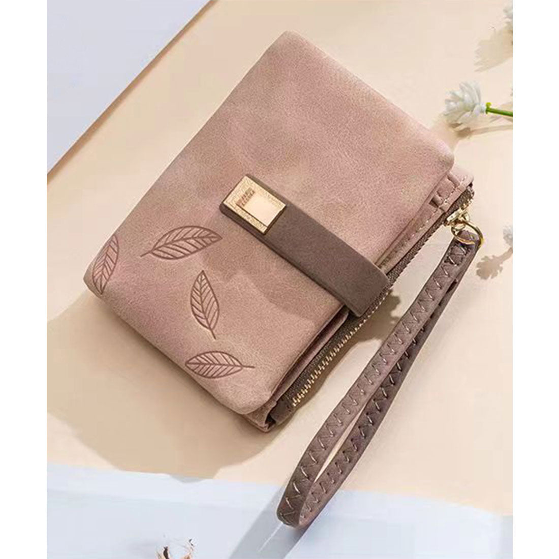 レースレディース Lace Ladies ストラップ付き スエード調 リーフ柄 二つ折り 財布