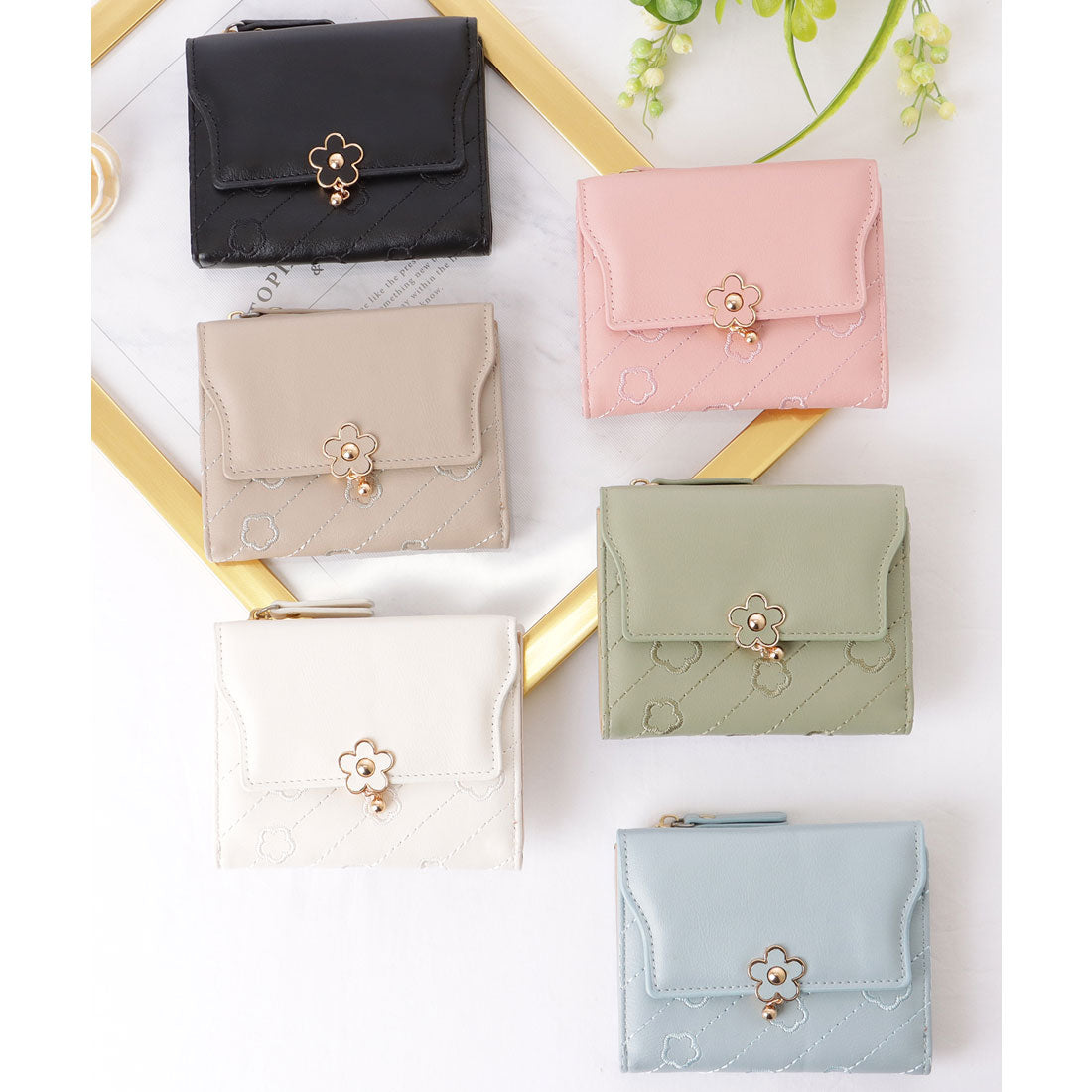 レースレディース Lace Ladies レザー調 フラワー デザイン 三つ折り 財布 （グレー） グレー