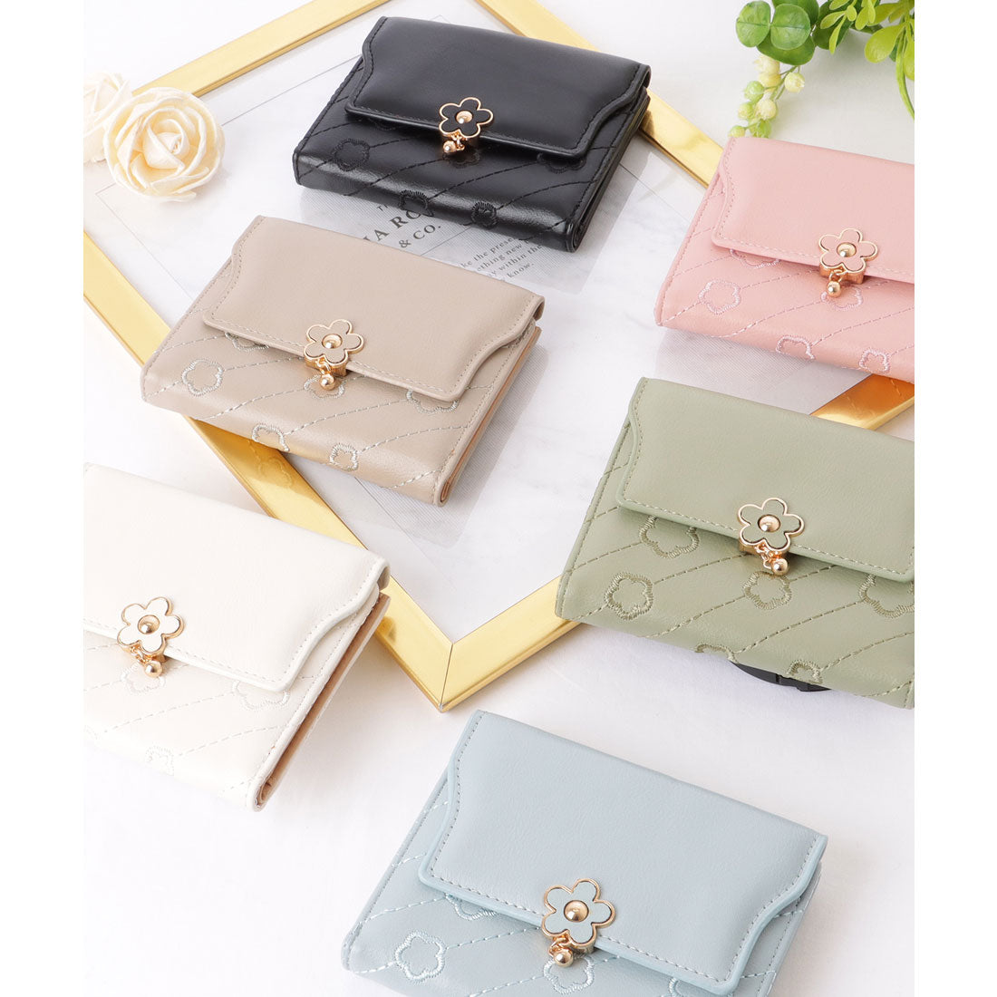 レースレディース Lace Ladies レザー調 フラワー デザイン 三つ折り 財布 （グレー） グレー