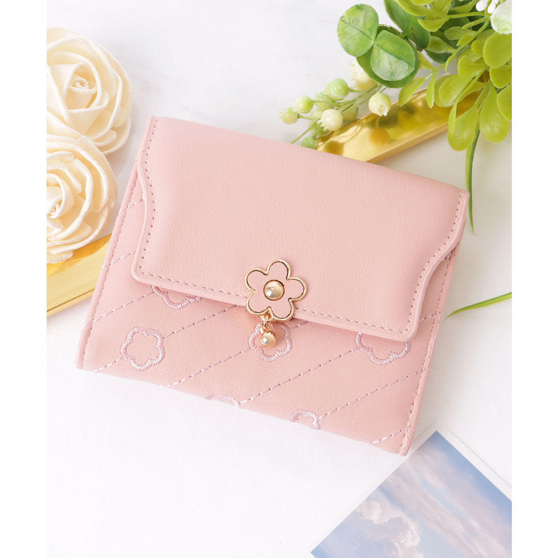 レースレディース Lace Ladies レザー調 フラワー デザイン 三つ折り 財布 （ピンク） ピンク