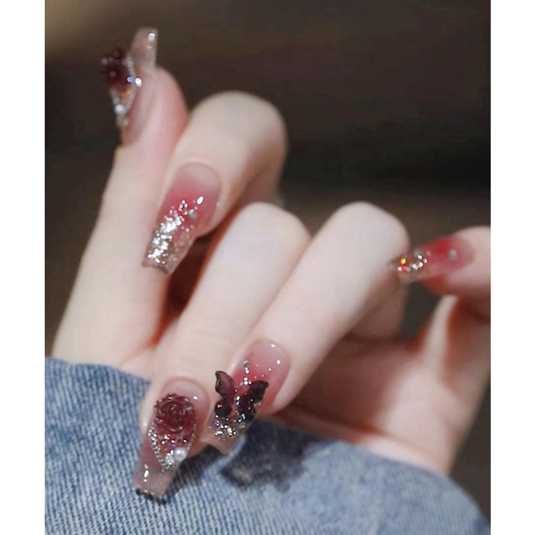 レースレディース Lace Ladies 3D ラメ フレンチ ネイルチップ セット【返品不可商品】 （レッド） レッド