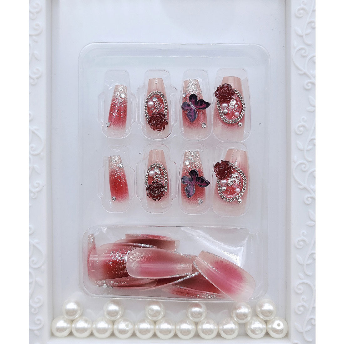レースレディース Lace Ladies 3D ラメ フレンチ ネイルチップ セット【返品不可商品】 （レッド） レッド