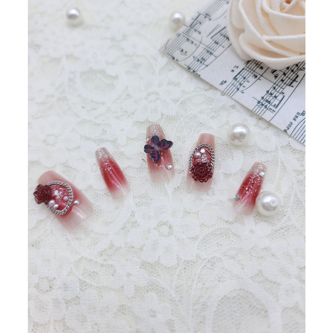レースレディース Lace Ladies 3D ラメ フレンチ ネイルチップ セット【返品不可商品】 （レッド） レッド