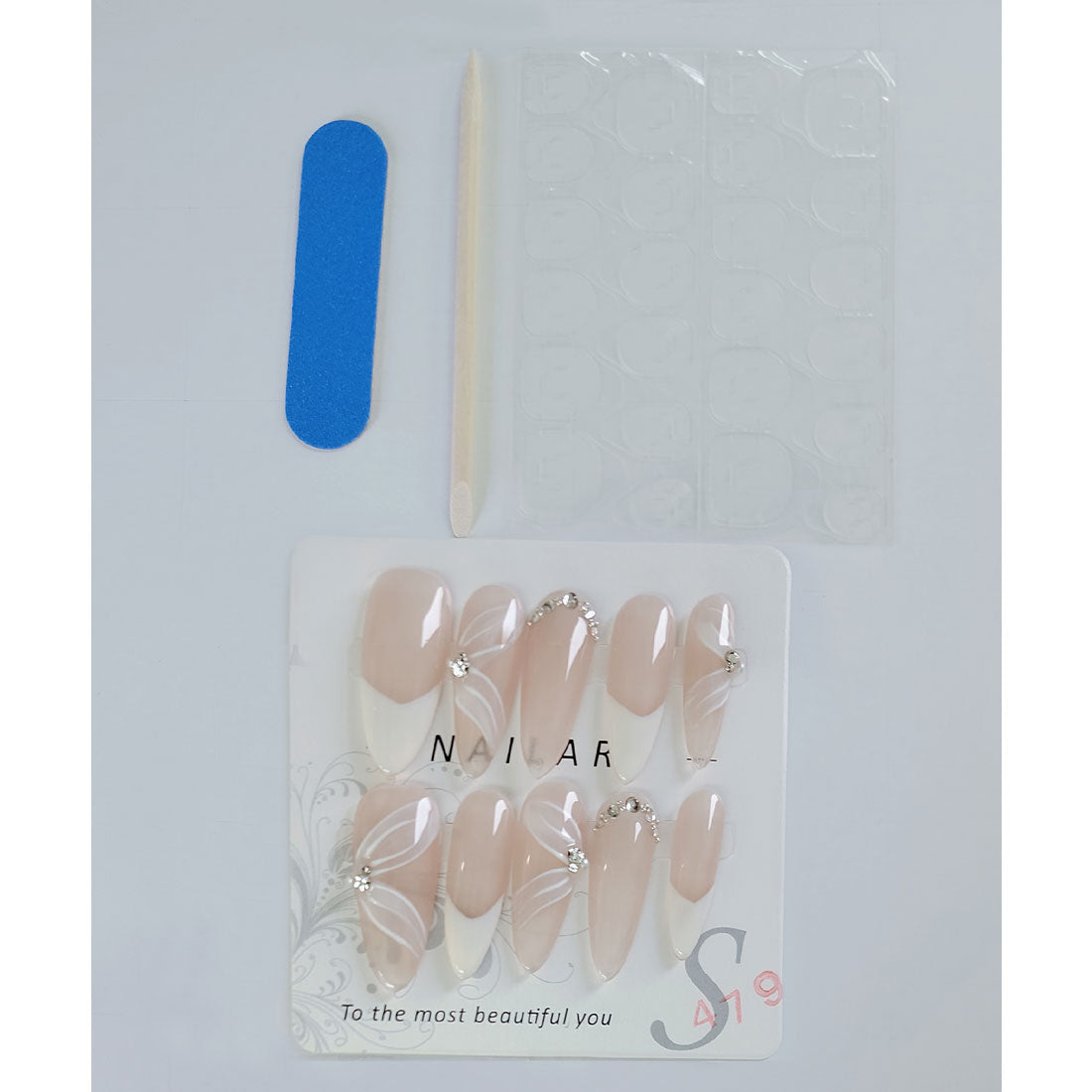 レースレディース Lace Ladies フラワー ペタル ビジュー付き フレンチ ネイルチップ【返品不可商品】 （アイボリー） アイボリー