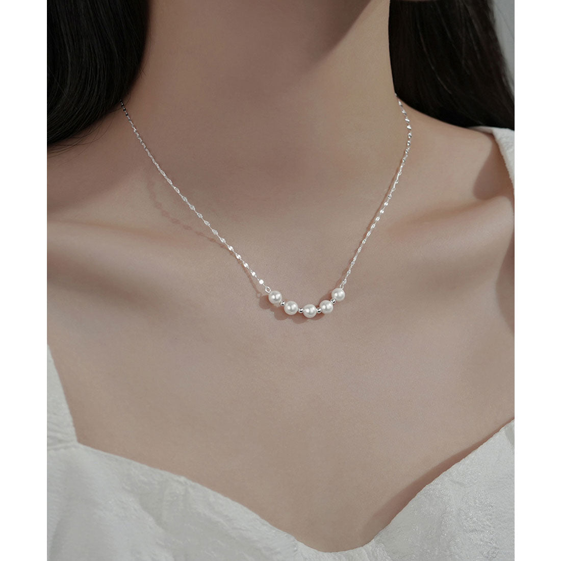 レースレディース Lace Ladies メタリック フロント パール コンビ ネックレス （シルバー） シルバー