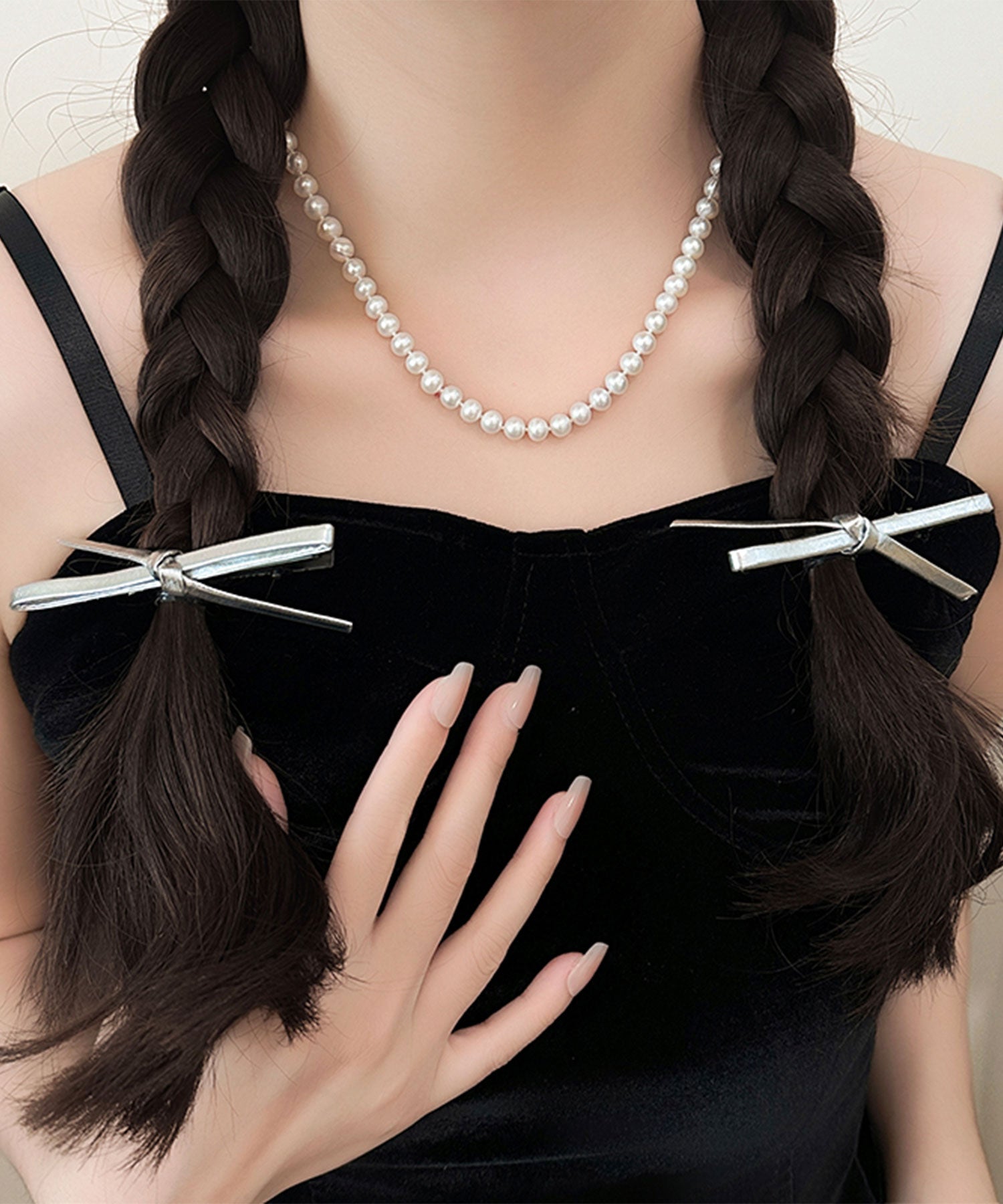 レースレディース Lace Ladies 【4点セット】レザー調 スリム リボン ヘア クリップ （シルバー） シルバー