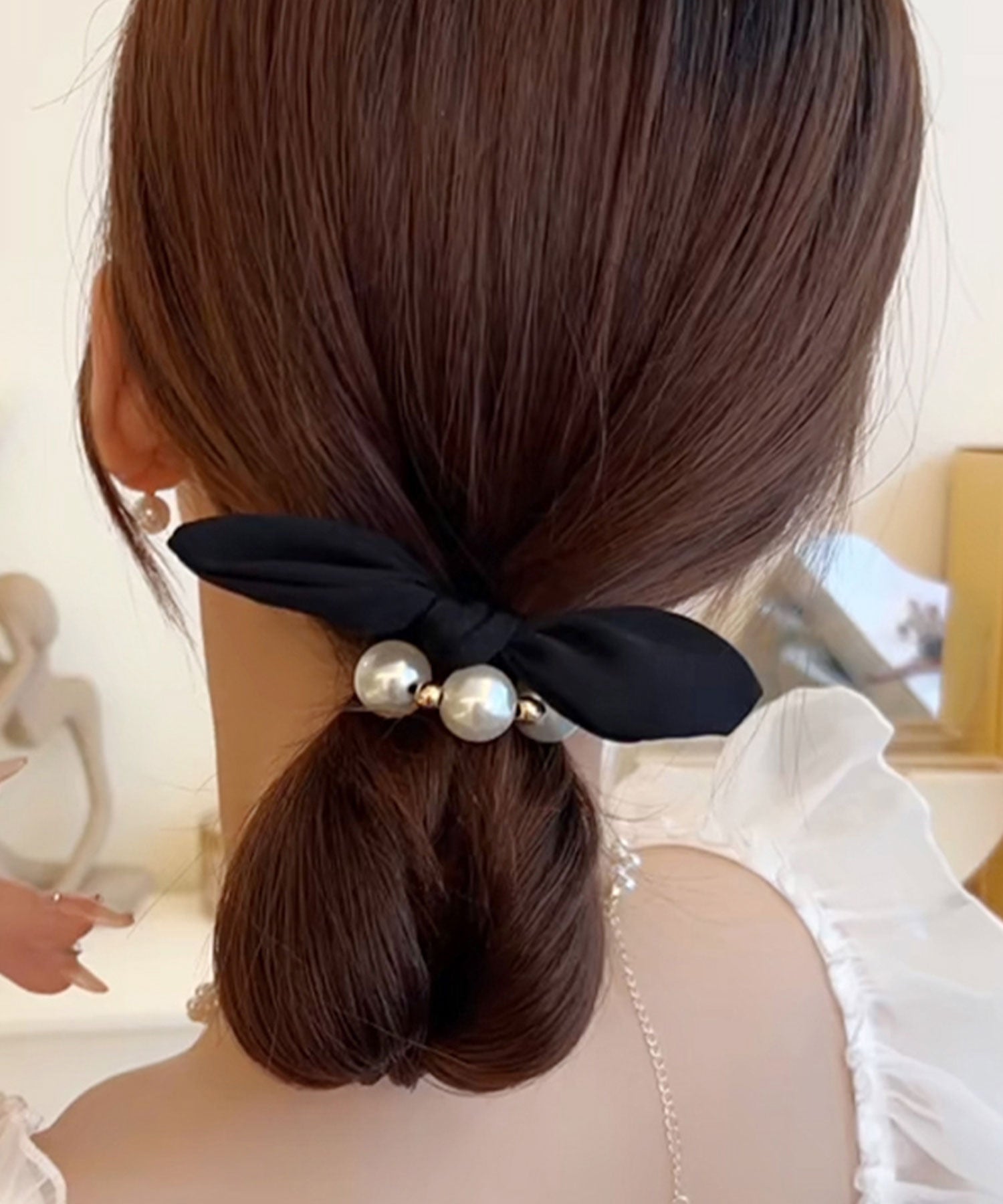 レースレディース Lace Ladies 【3点セット】パール リボン デザイン ヘアゴム （ブラック） ブラック