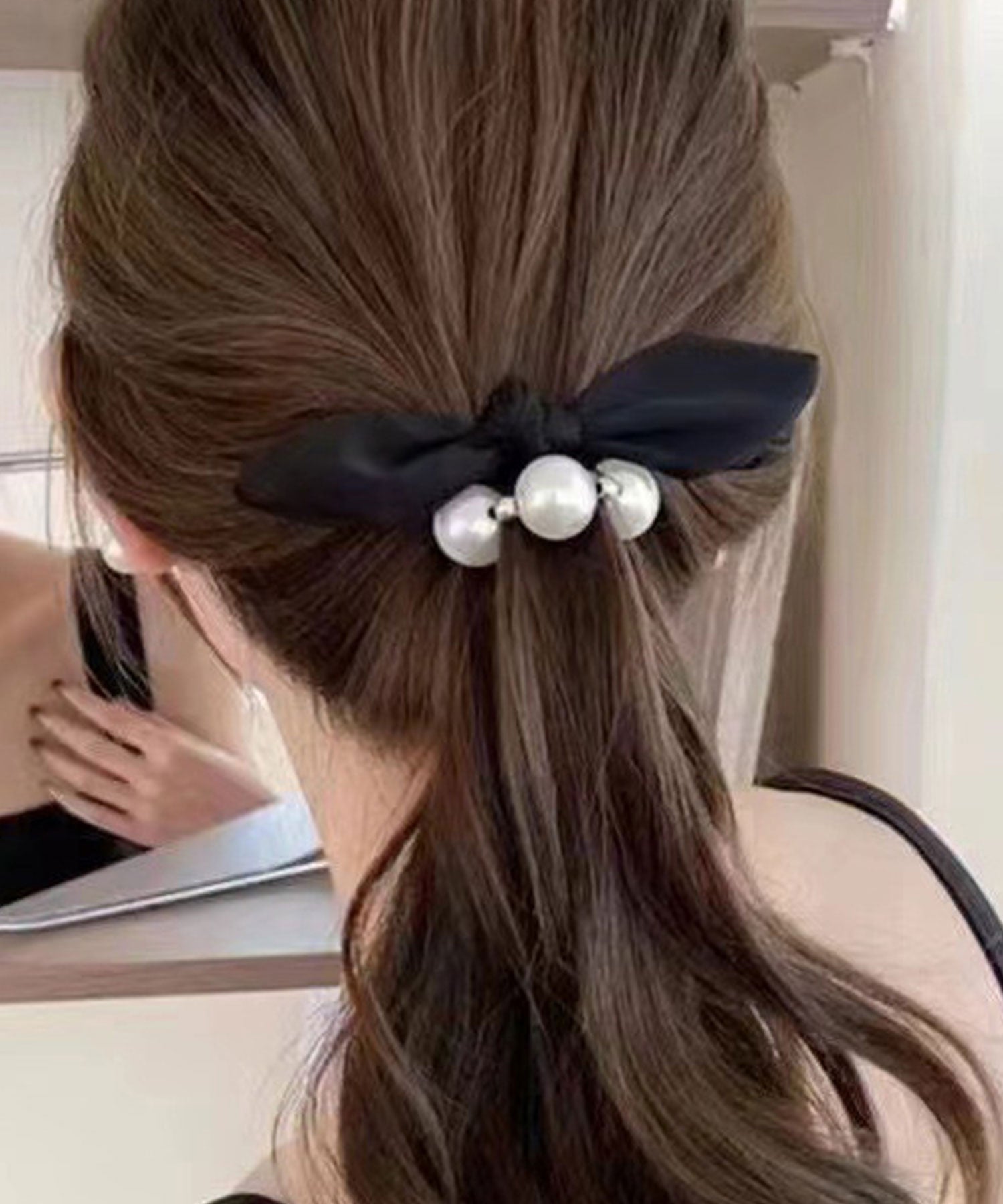 レースレディース Lace Ladies 【3点セット】パール リボン デザイン ヘアゴム （ブラック） ブラック