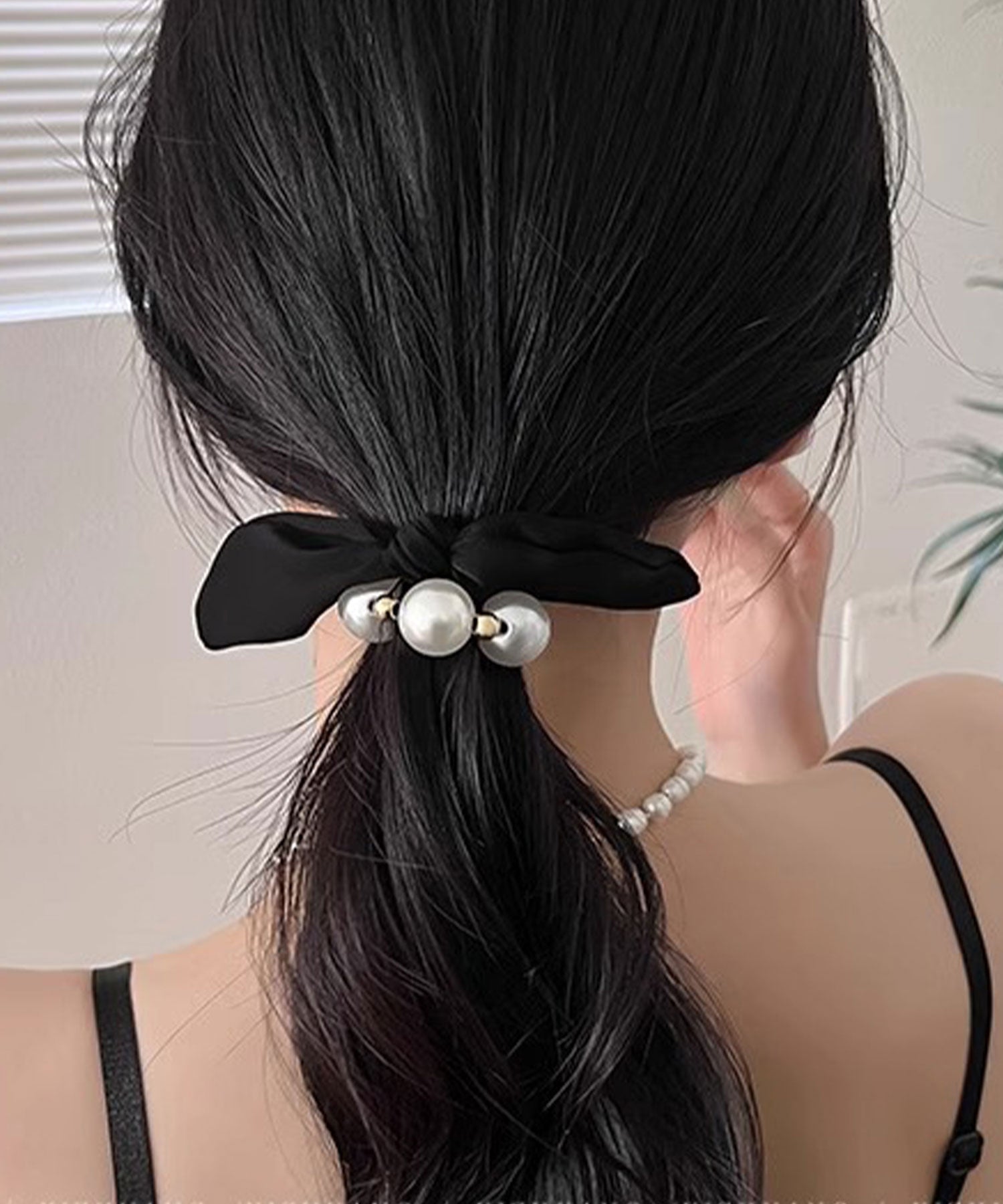 レースレディース Lace Ladies 【3点セット】パール リボン デザイン ヘアゴム （ブラック） ブラック