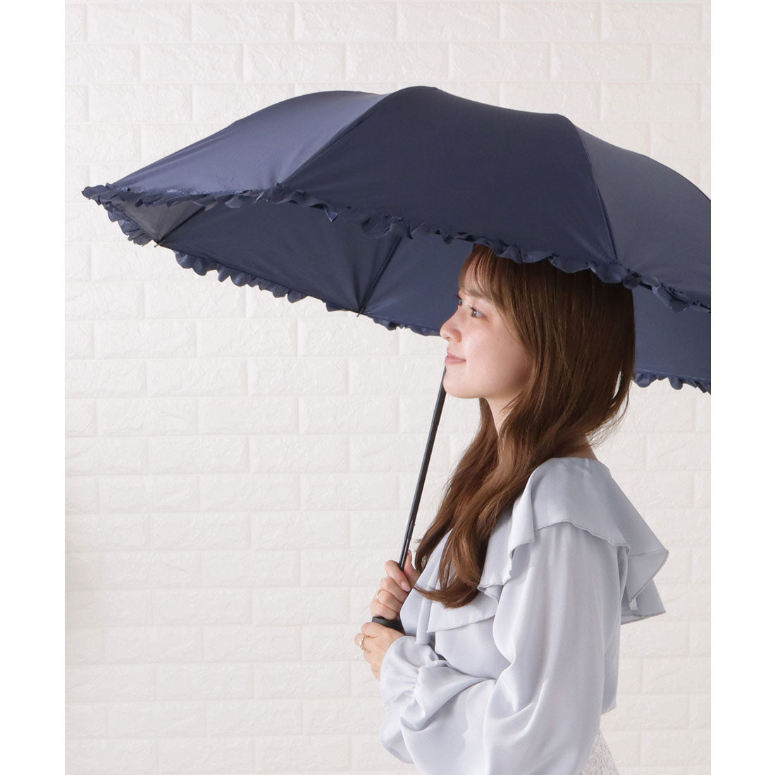 レースレディース Lace Ladies 二段階式フリル付き晴雨兼用傘,ネイビー