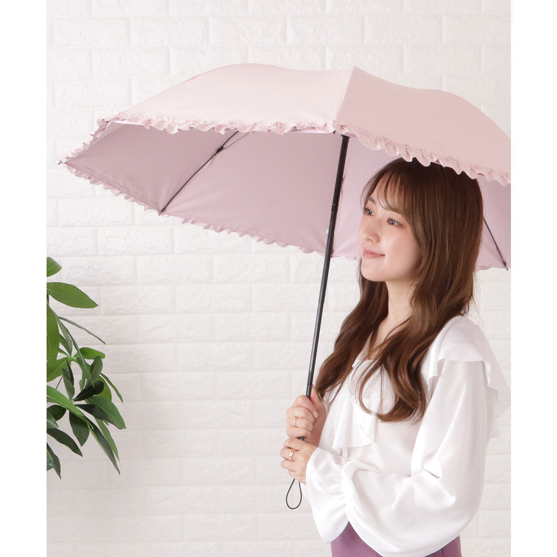 レースレディース Lace Ladies 二段階式フリル付き晴雨兼用傘,ピンク