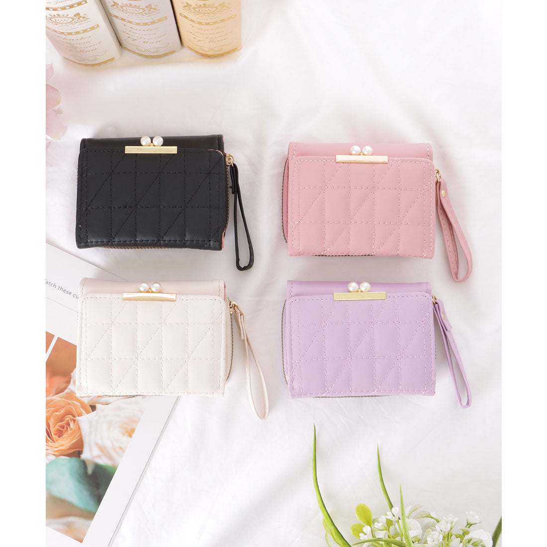 レースレディース Lace Ladies レザー調 キルティング パール付き 三つ折り 財布 （ブラック） ブラック
