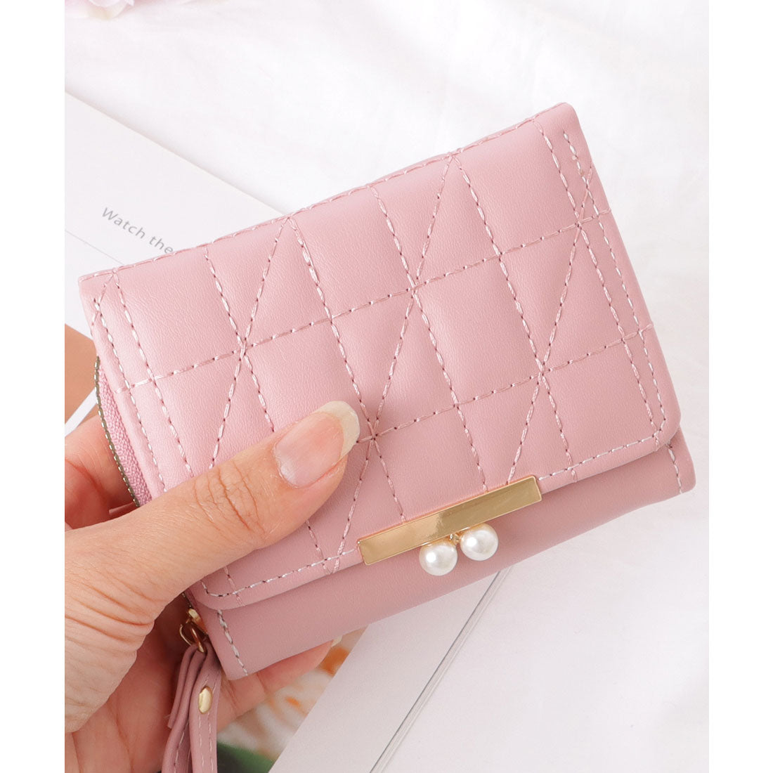 レースレディース Lace Ladies レザー調 キルティング パール付き 三つ折り 財布 （ブラック） ブラック