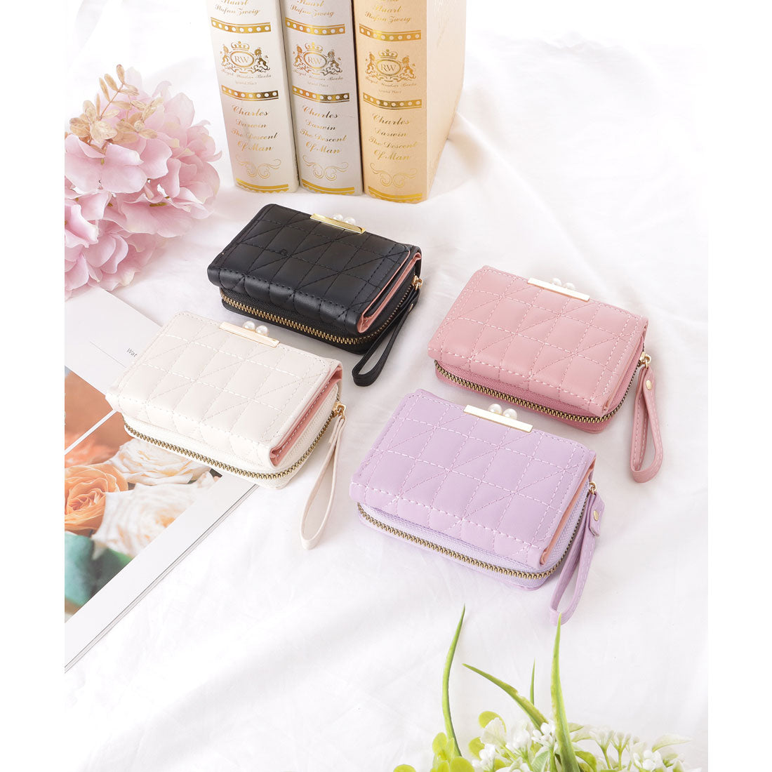 レースレディース Lace Ladies レザー調 キルティング パール付き 三つ折り 財布 （ブラック） ブラック