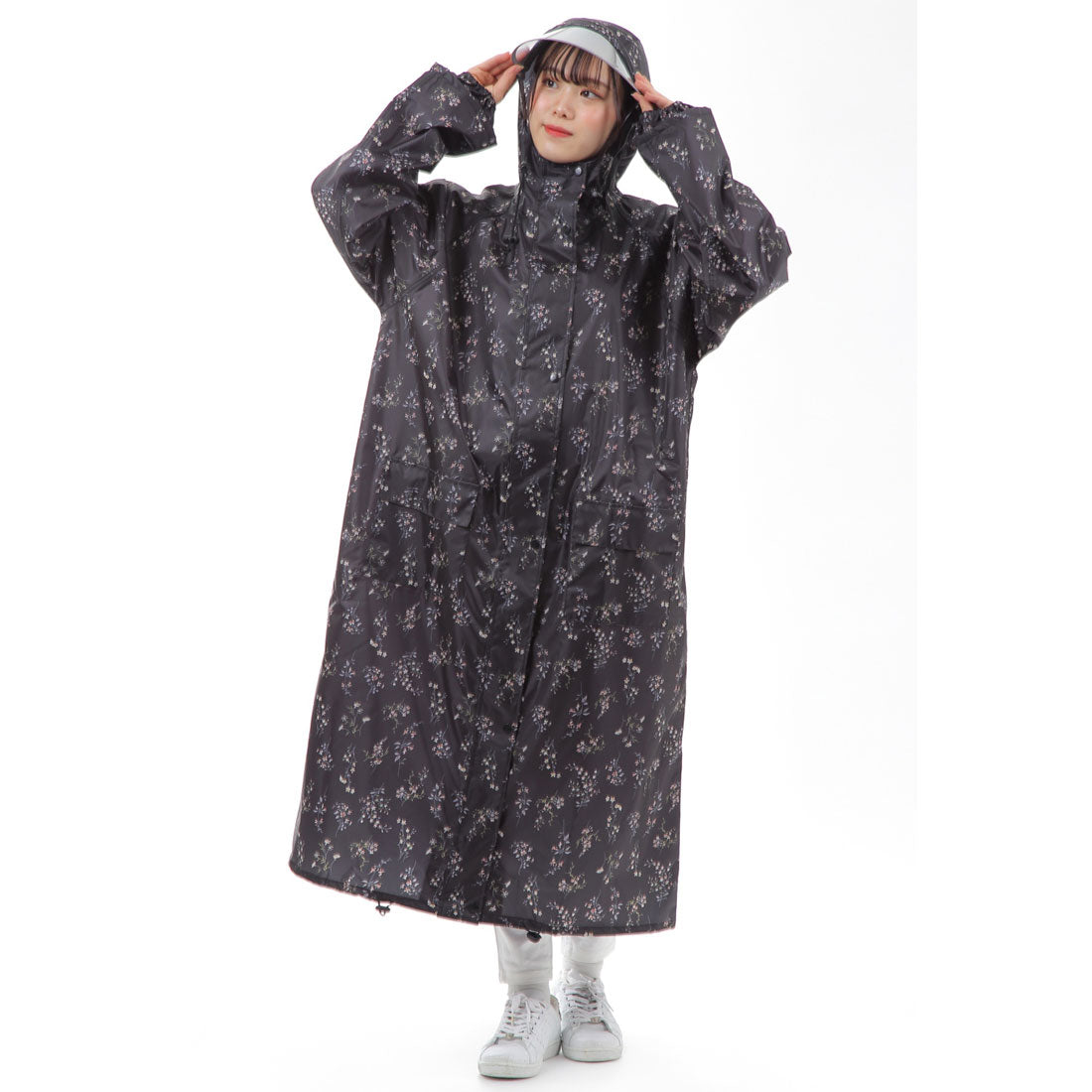 レースレディース Lace Ladies バイザー取り外し可能 小花柄 軽量レインコート,花柄ブラック
