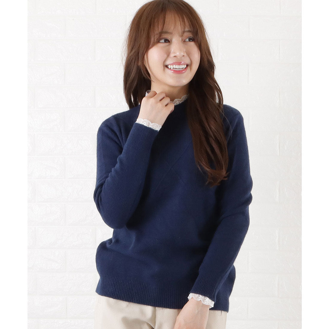 レースレディース Lace Ladies レースモックネックニットプルオーバー,ネイビー