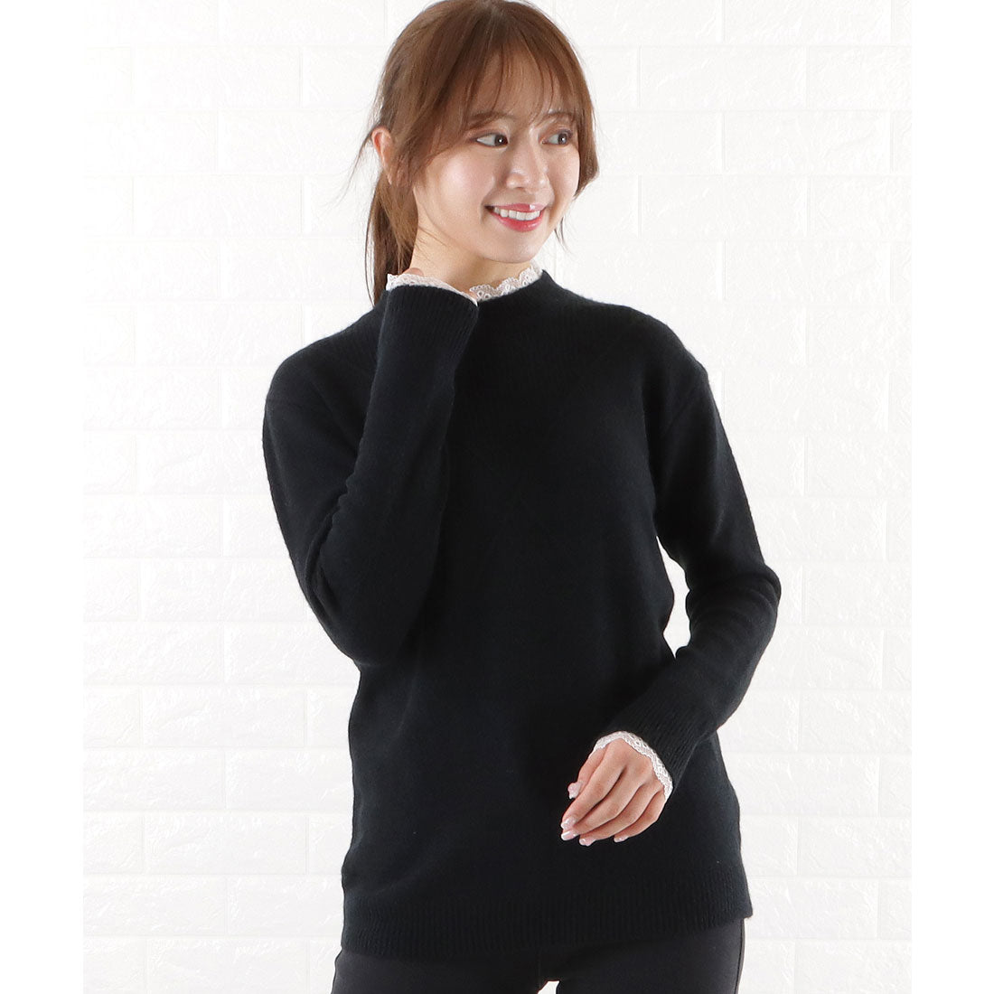 レースレディース Lace Ladies レースモックネックニットプルオーバー,ブラック