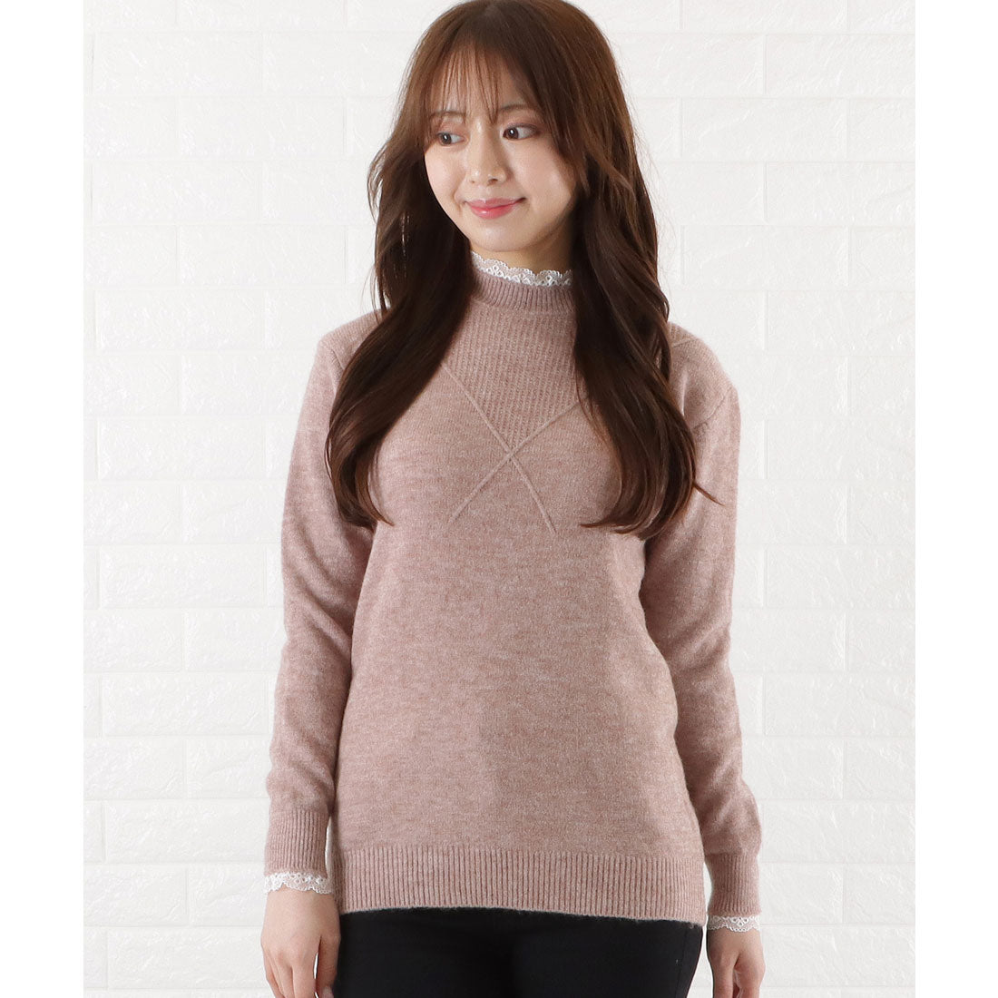 レースレディース Lace Ladies レースモックネックニットプルオーバー,モカ