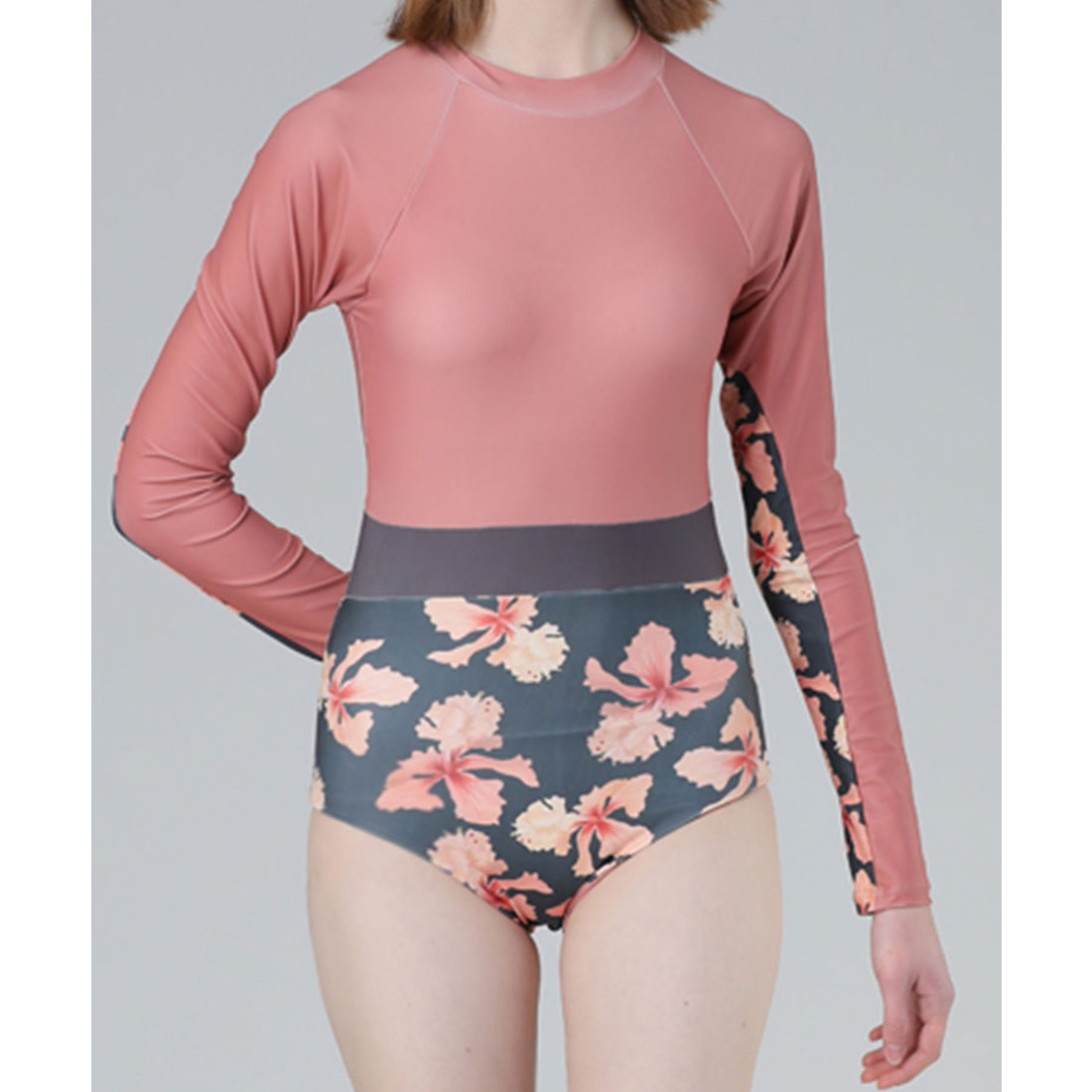 レースレディース Lace Ladies 花柄ドッキングワンピース長袖水着【返品不可商品】,ピンク