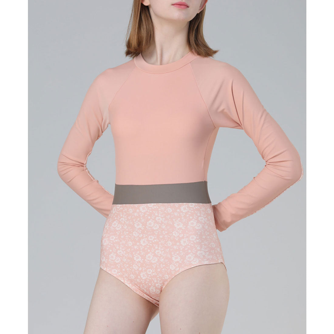 レースレディース Lace Ladies 花柄ドッキングワンピース長袖水着【返品不可商品】,ベージュ
