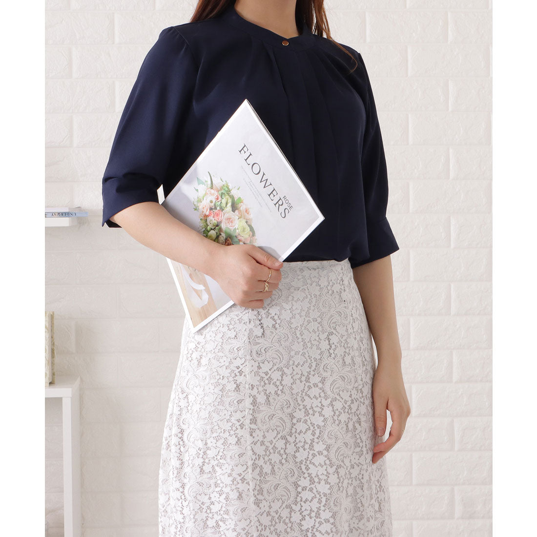 レースレディース Lace Ladies 2WAYネック半袖タックブラウス,ネイビー