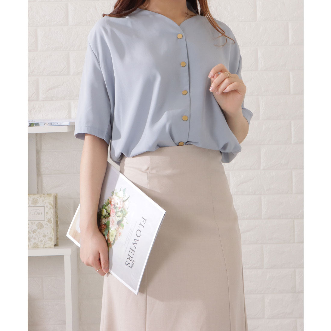 レースレディース Lace Ladies Vネック前開きとろみブラウス,ブルーグレー