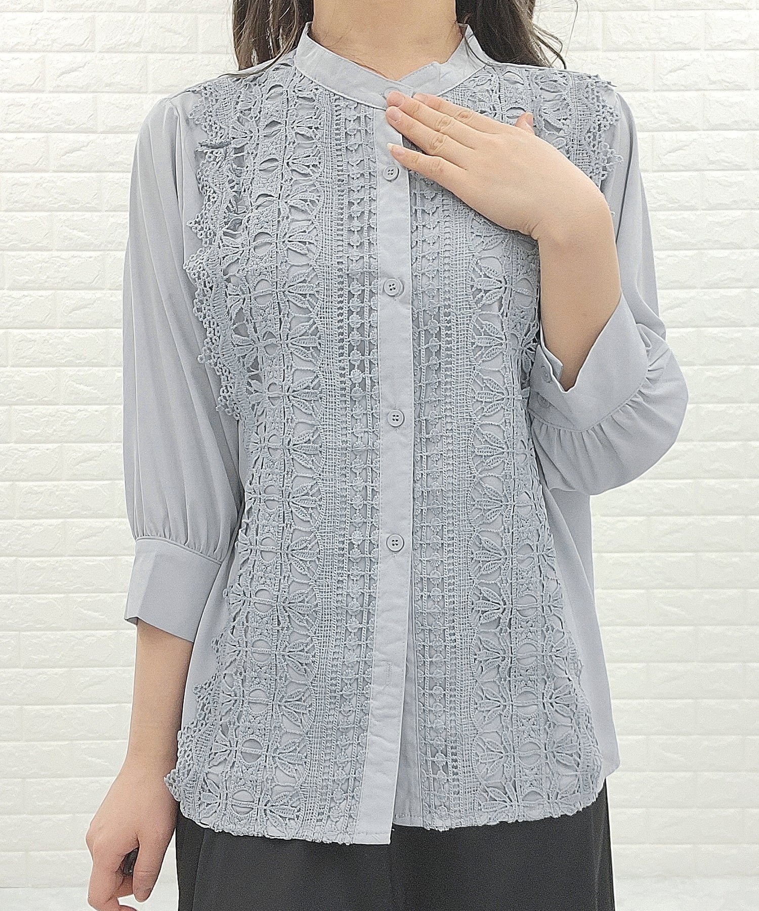 レースレディース Lace Ladies シフォンジョーゼット レースシャツ 七分袖 （ライトブルー） ライトブルー