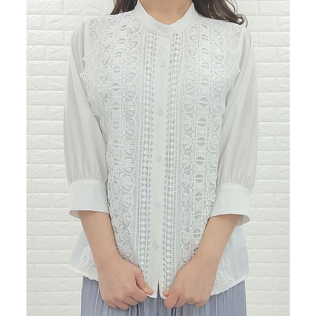 レースレディース Lace Ladies シフォンジョーゼット レースシャツ 七分袖 （ホワイト） ホワイト