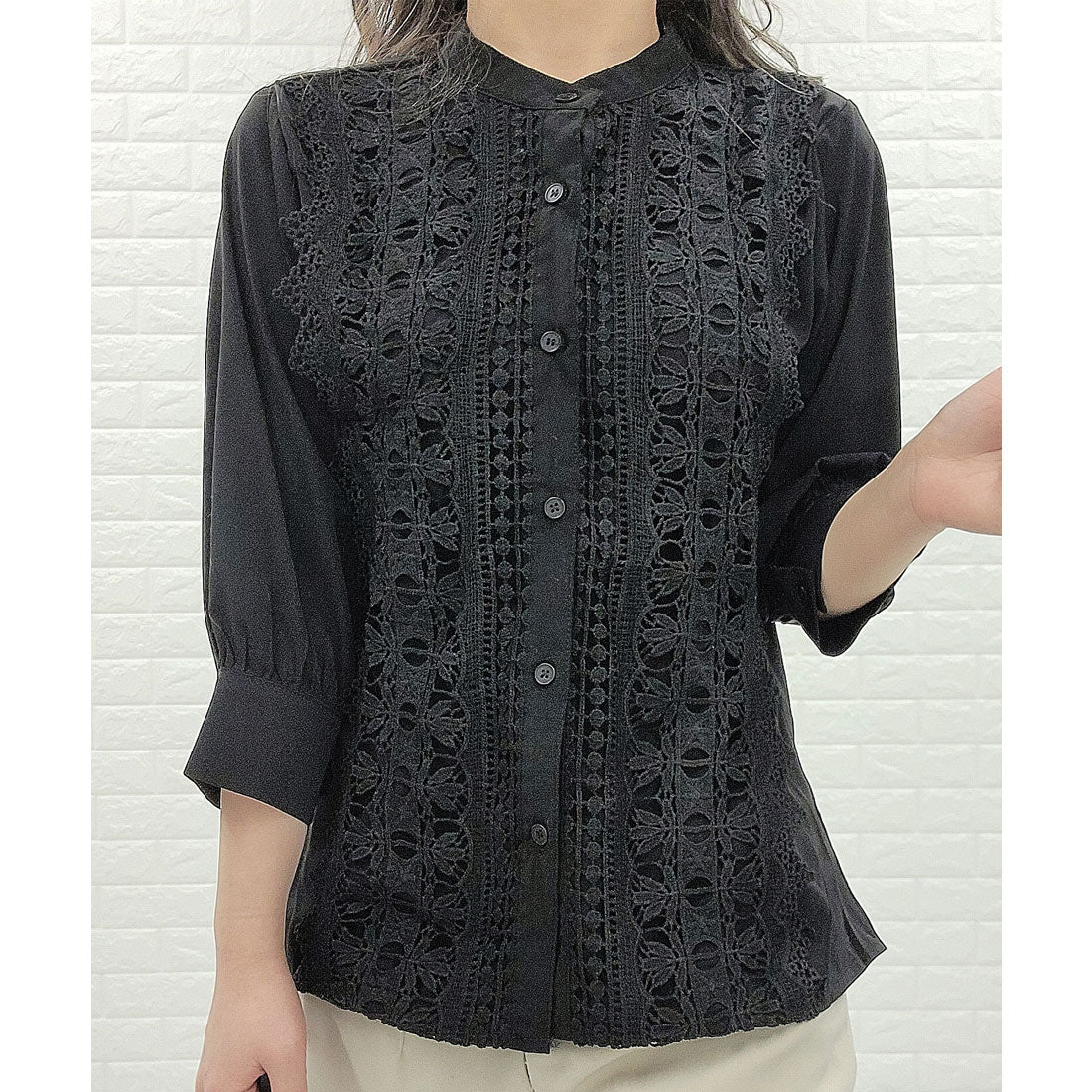 レースレディース Lace Ladies シフォンジョーゼット レースシャツ 七分袖 （ブラック） ブラック