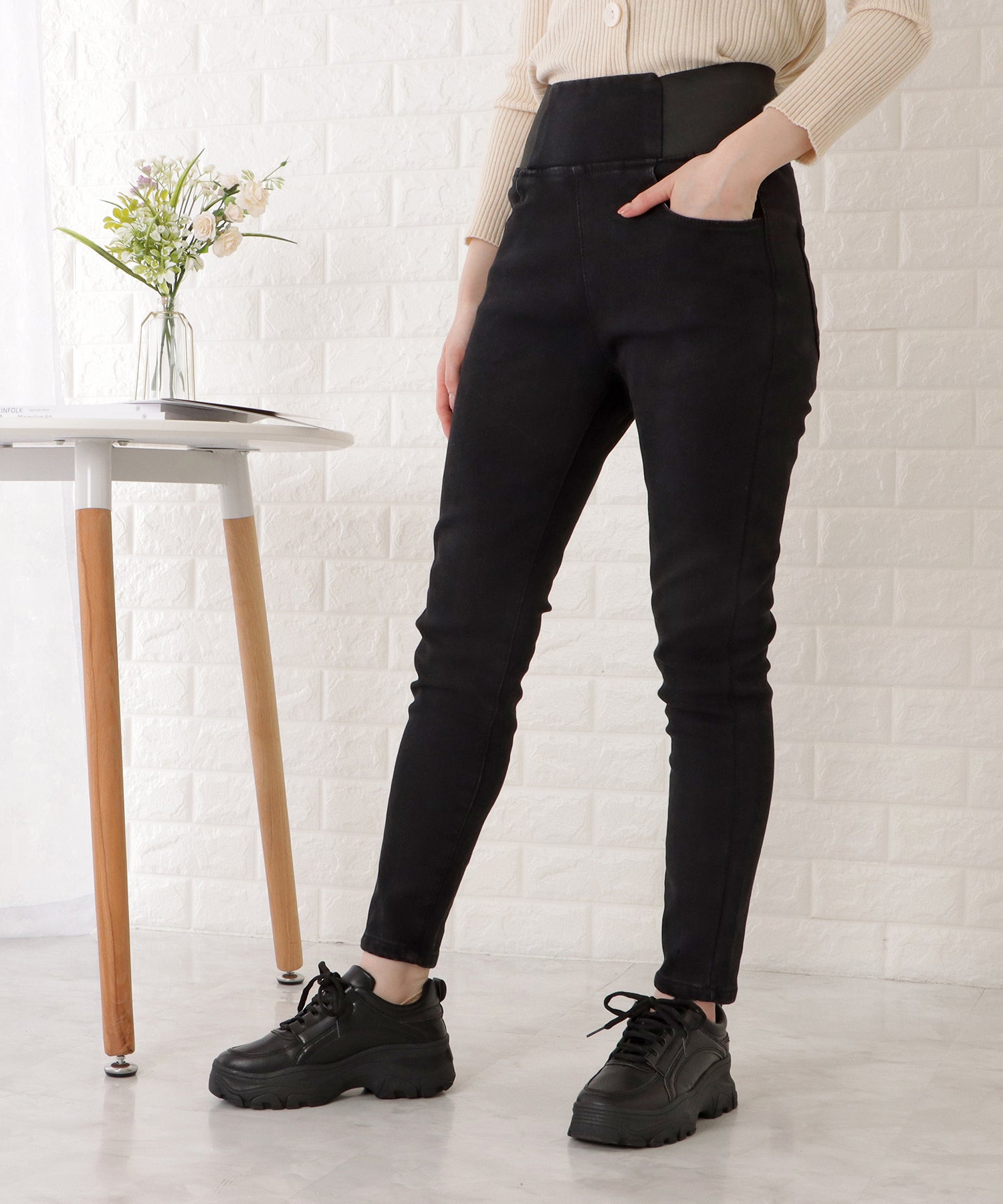 レースレディース Lace Ladies 選べる2タイプ ウエストサイドゴムストレッチデニムレギパン （ブラック（裏起毛なし）） ブラック（裏起毛なし）
