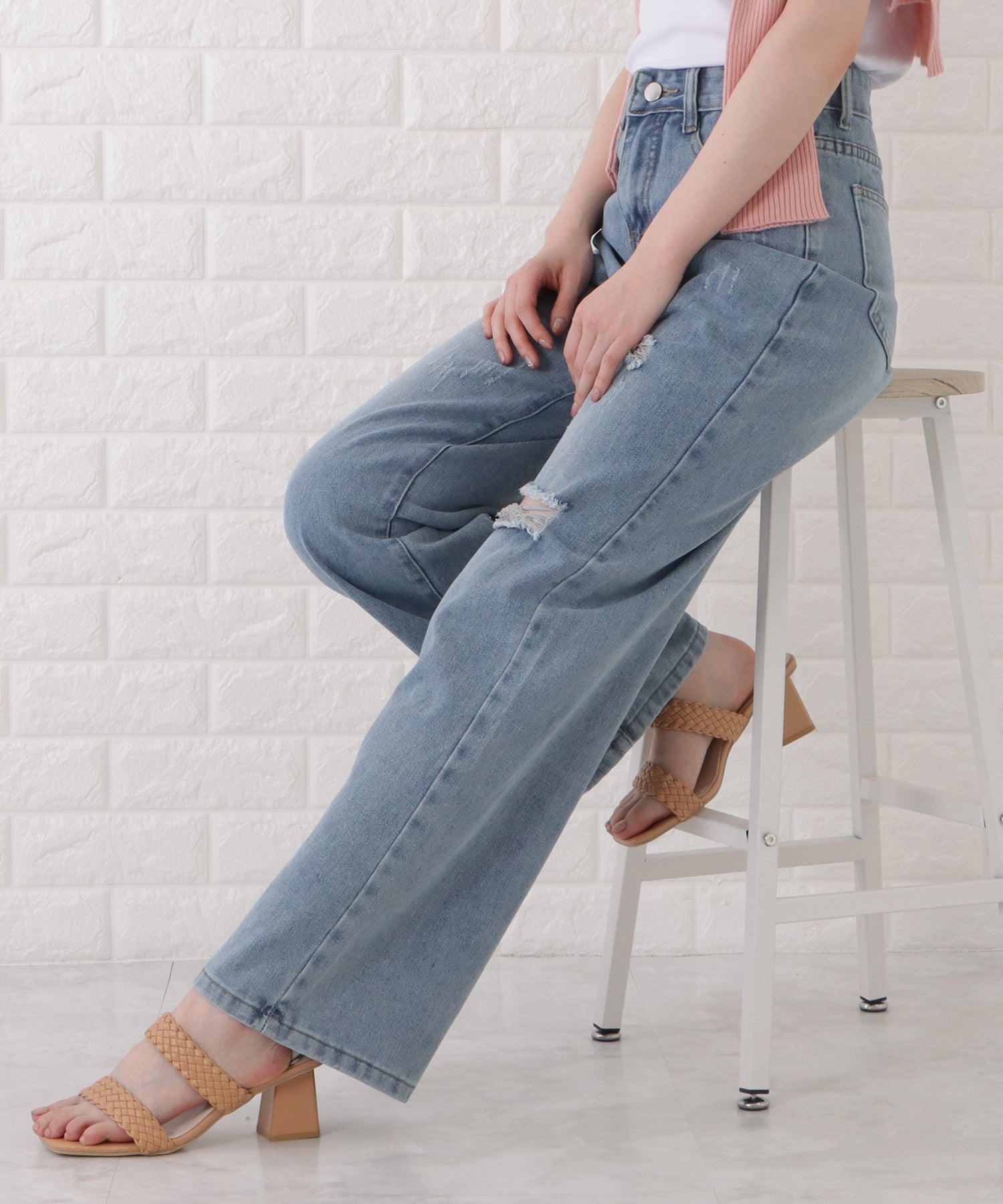 レースレディース Lace Ladies ハイウエストダメージワイドデニムパンツ （ブルー） ブルー