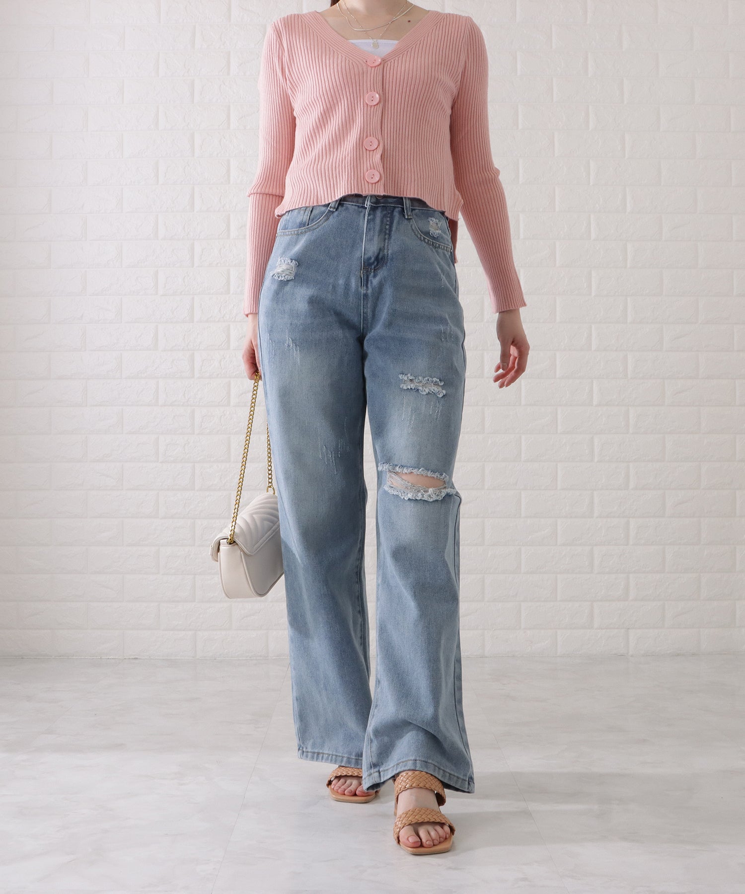 レースレディース Lace Ladies ハイウエストダメージワイドデニムパンツ （ブルー） ブルー