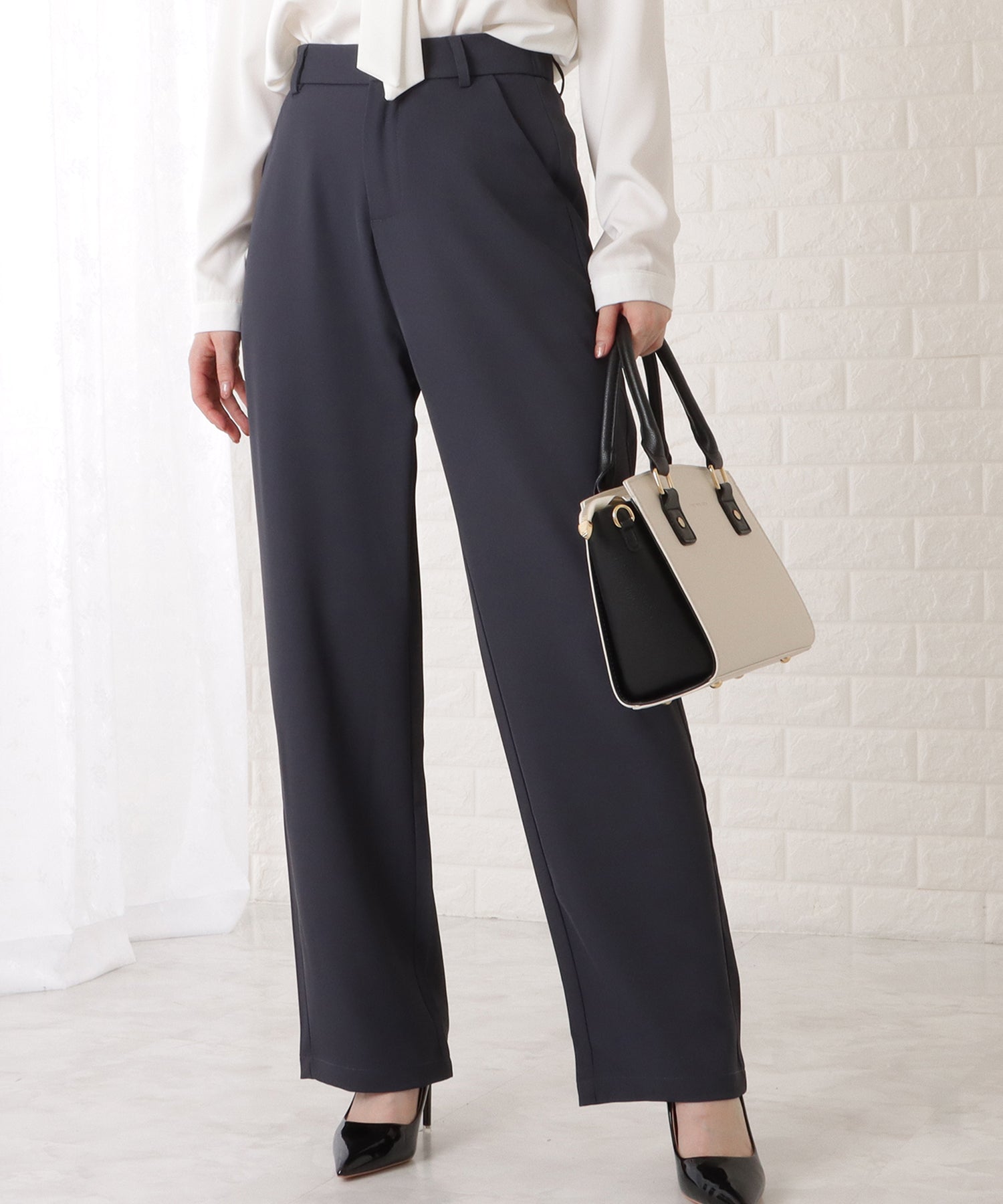 レースレディース Lace Ladies ハイウエストノンタックストレートパンツ,グレー