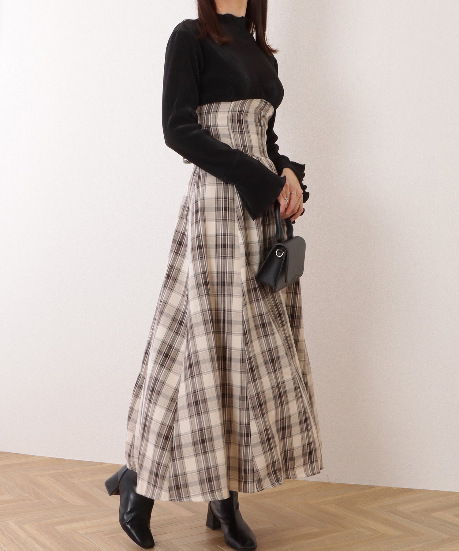 レースレディース Lace Ladies プチハイネック メロウ フリル ハイウエストドッキング ワンピース