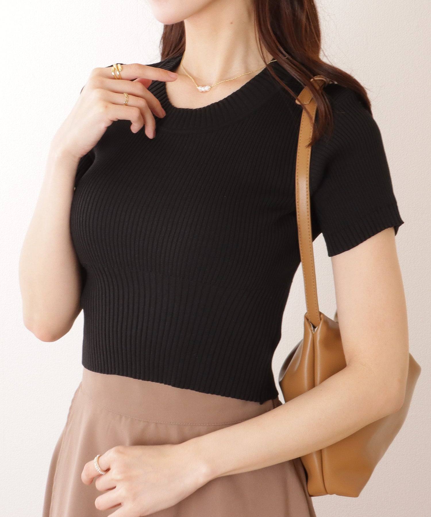 レースレディース Lace Ladies ソリッドカラー 切替 リブ 半袖 クルーネック コンパクト ニット （ブラック） ブラック