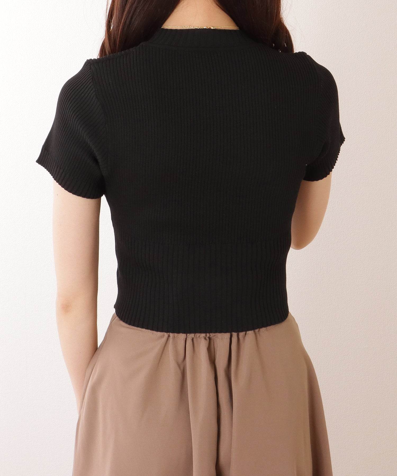 レースレディース Lace Ladies ソリッドカラー 切替 リブ 半袖 クルーネック コンパクト ニット （ブラック） ブラック