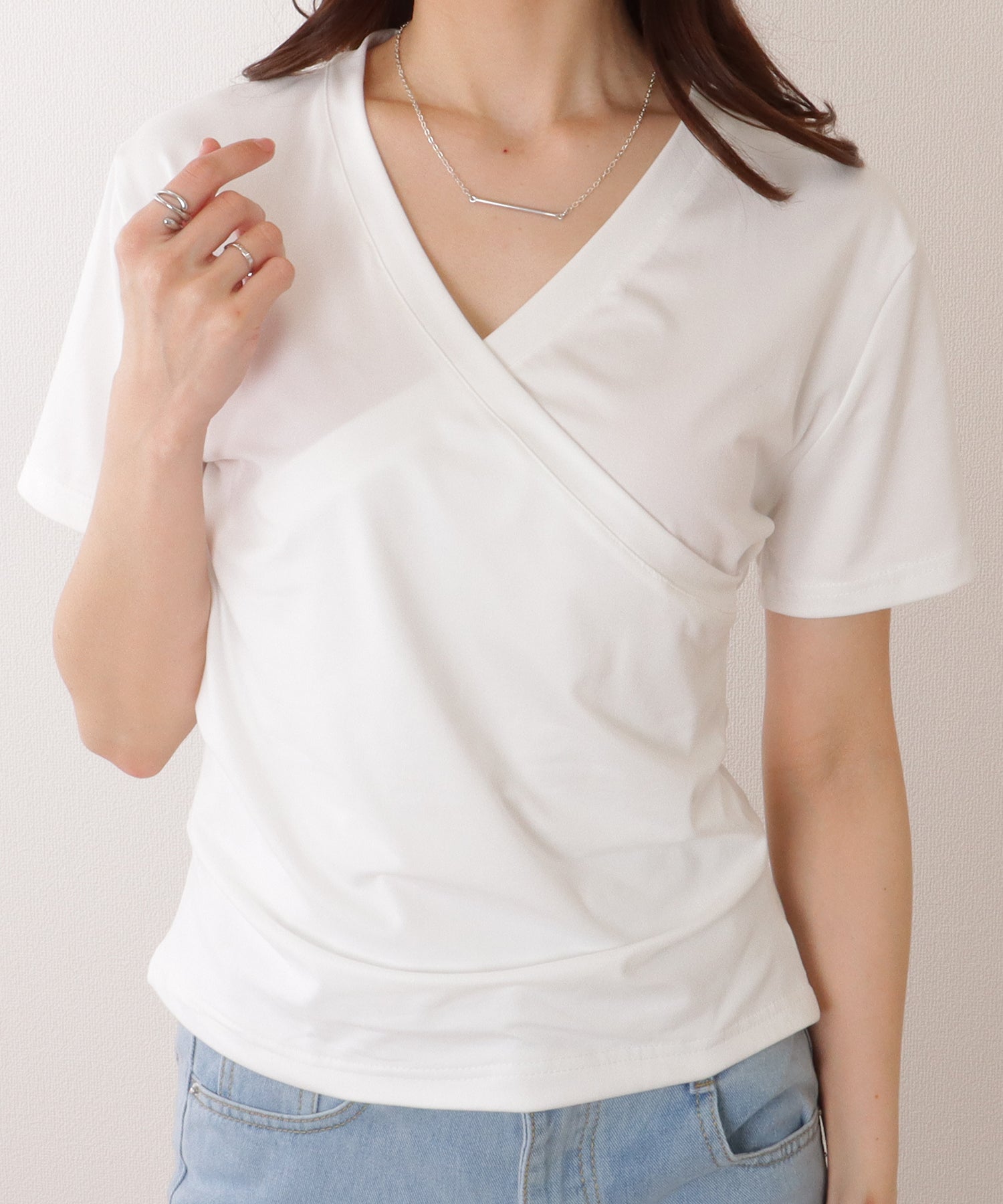 レースレディース Lace Ladies Vネック カシュクール風 半袖 タック カットソー （ホワイト） ホワイト