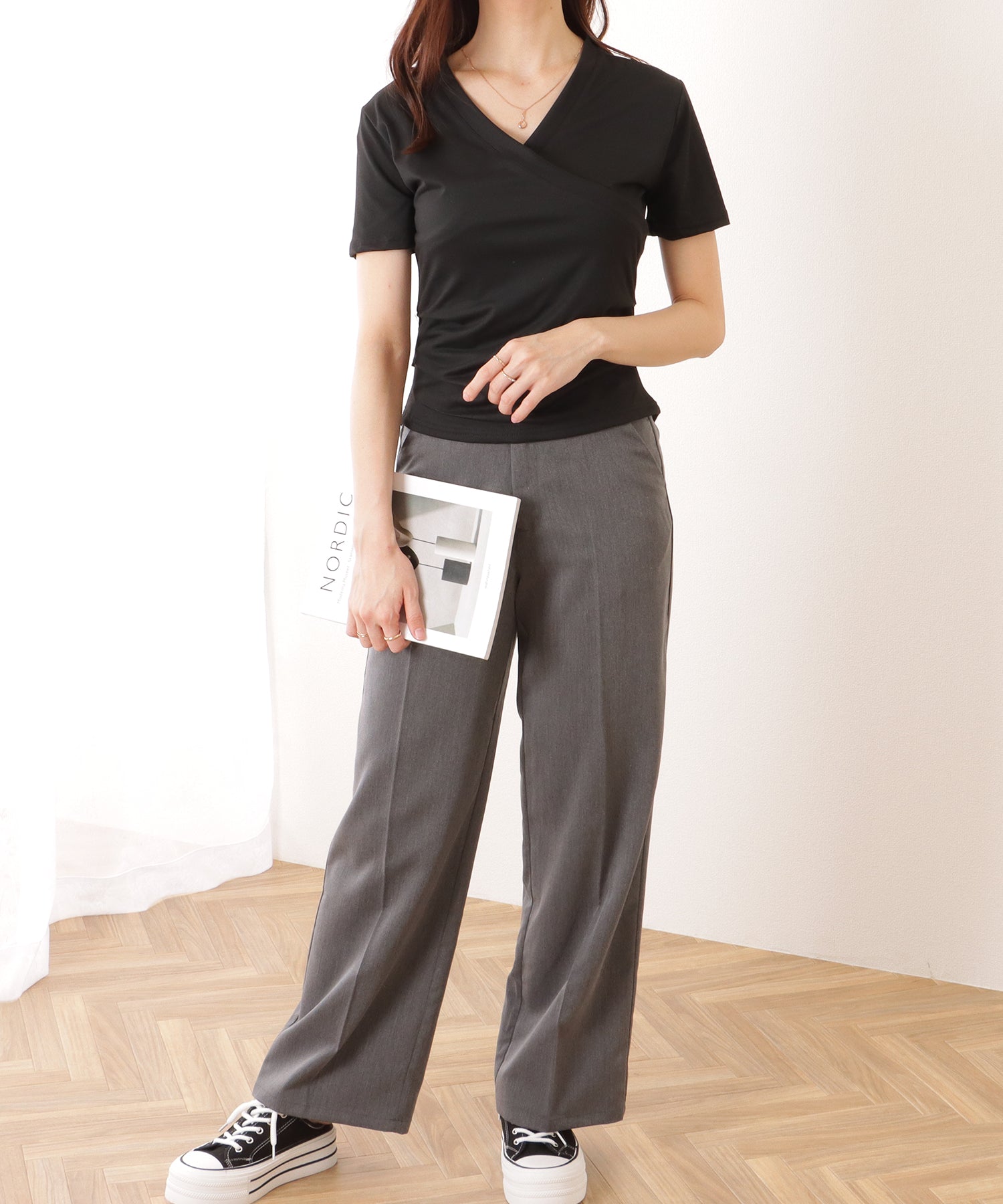 レースレディース Lace Ladies Vネック カシュクール風 半袖 タック カットソー （ホワイト） ホワイト