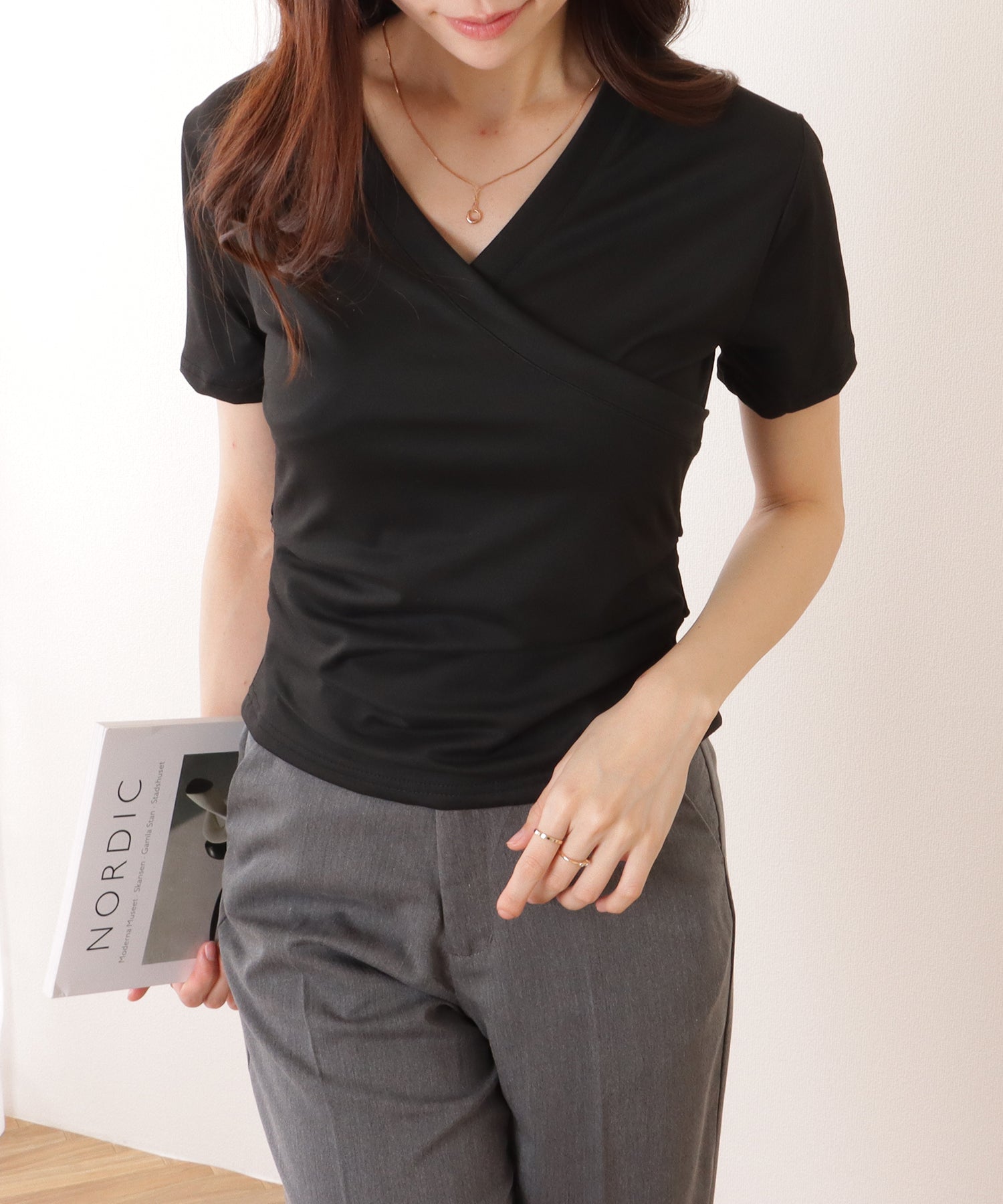 レースレディース Lace Ladies Vネック カシュクール風 半袖 タック カットソー （ホワイト） ホワイト