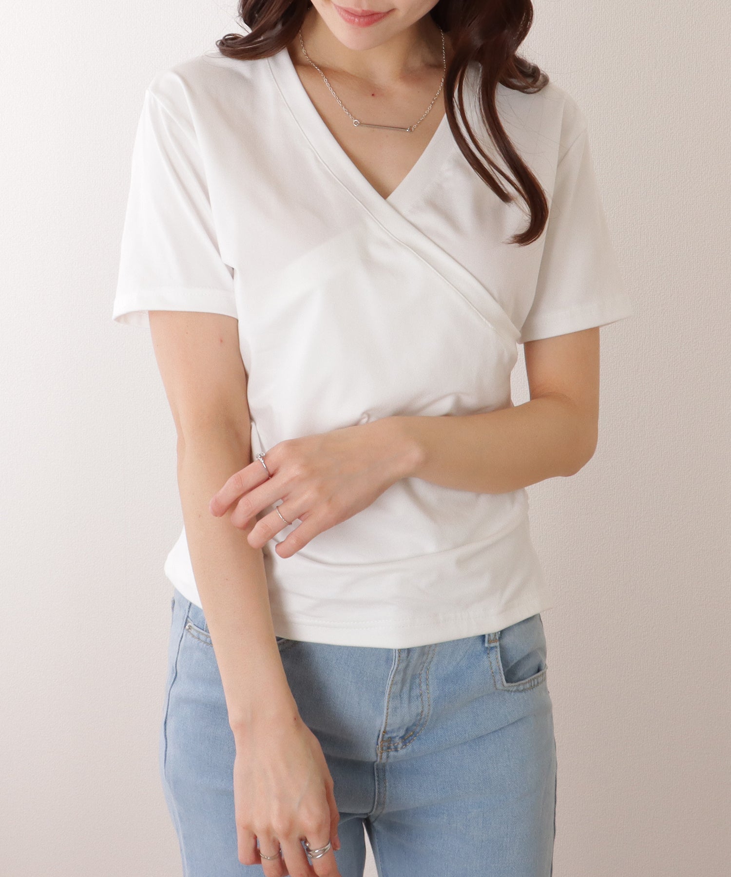 レースレディース Lace Ladies Vネック カシュクール風 半袖 タック カットソー （ホワイト） ホワイト