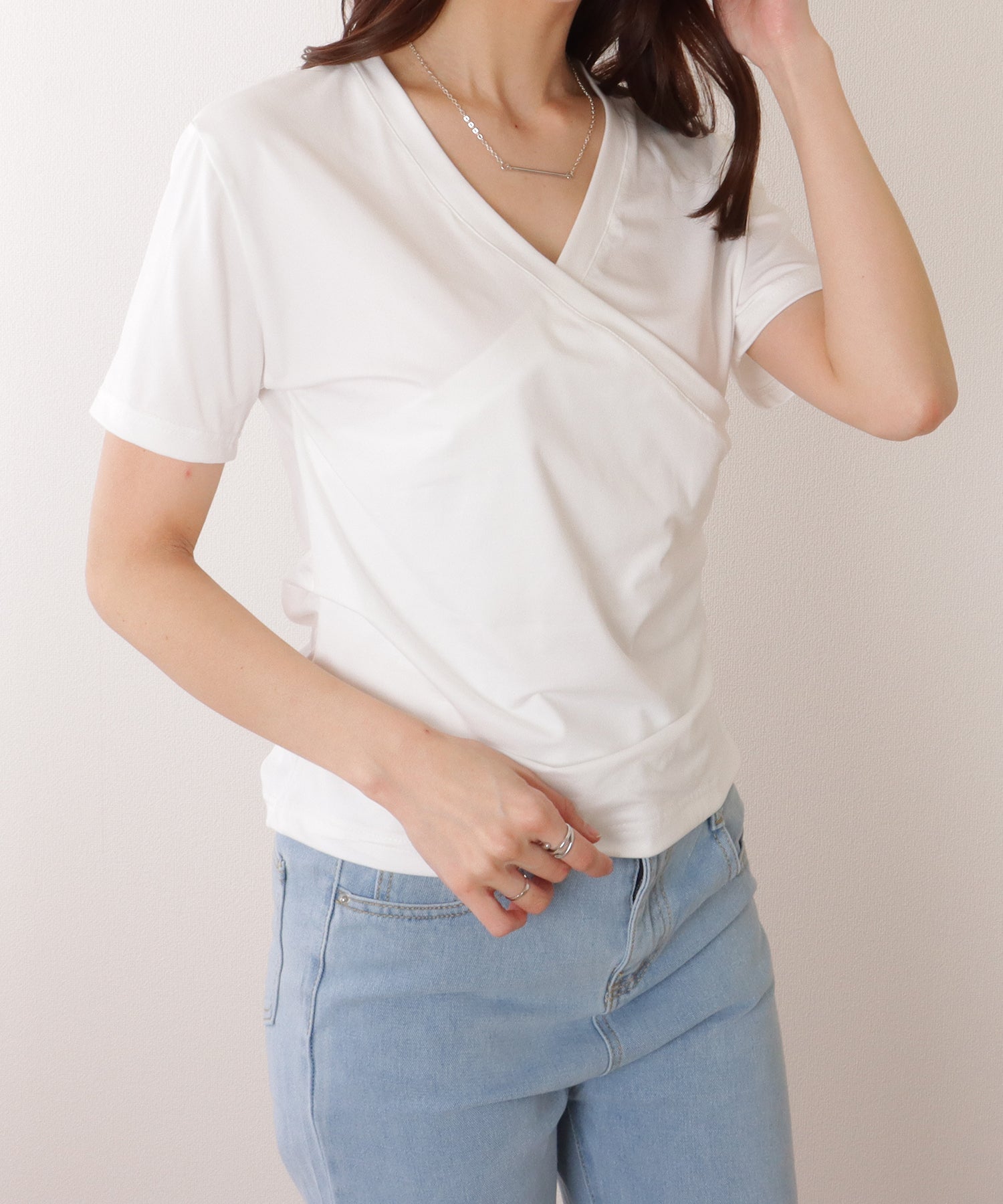 レースレディース Lace Ladies Vネック カシュクール風 半袖 タック カットソー （ホワイト） ホワイト