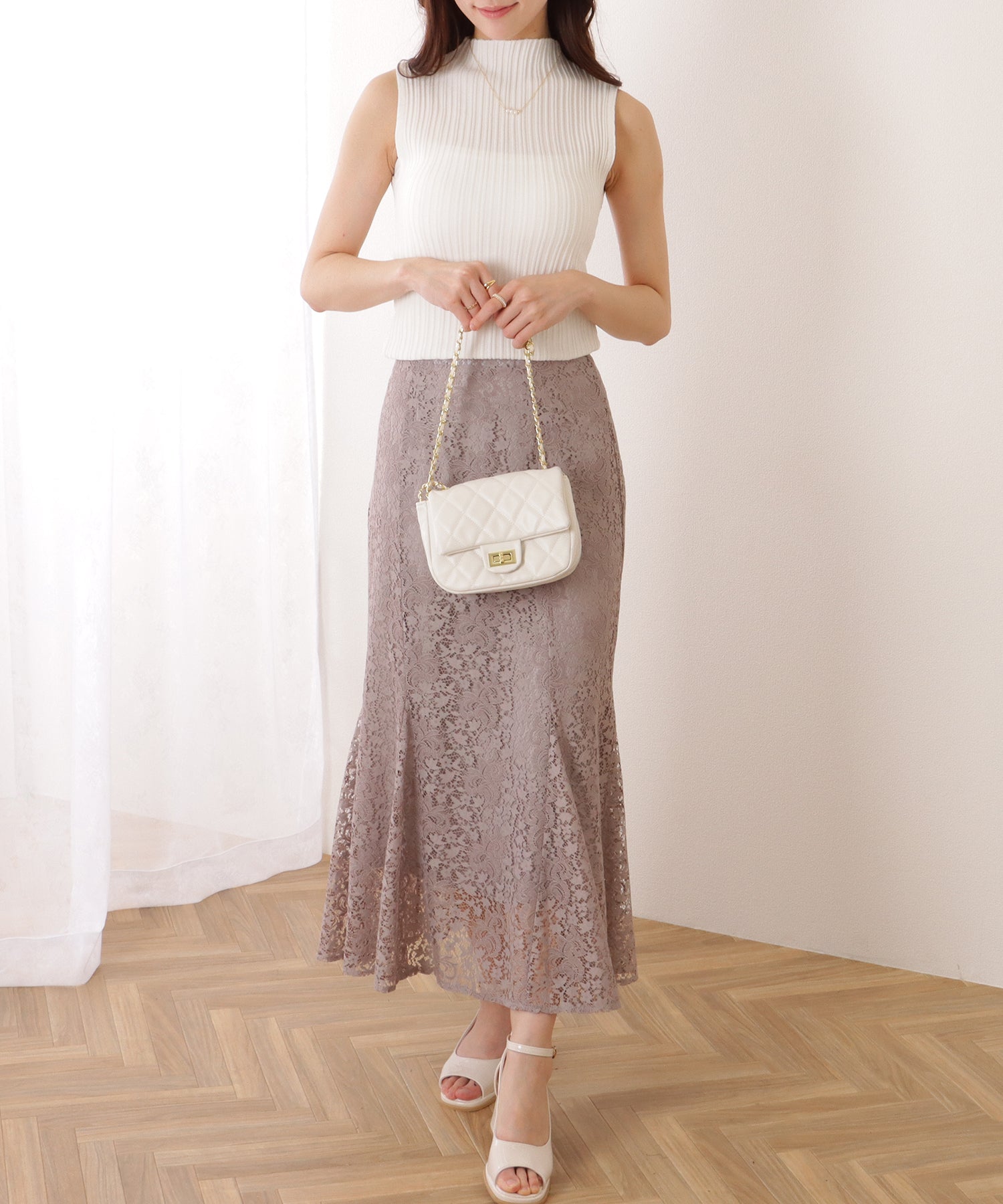 レースレディース Lace Ladies ハイネック タイト フィット リブ ニット トップス （アイボリー） アイボリー
