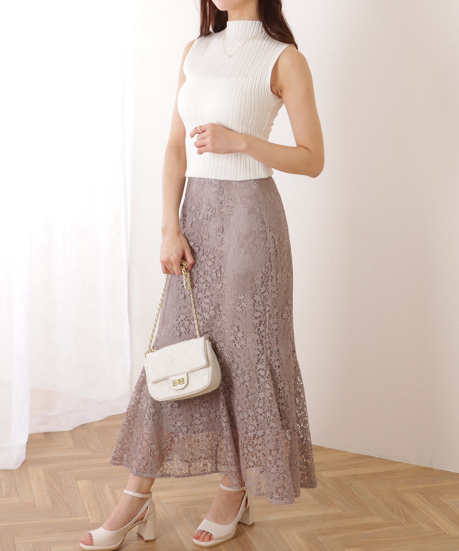 レースレディース Lace Ladies ハイネック タイト フィット リブ ニット トップス （アイボリー） アイボリー