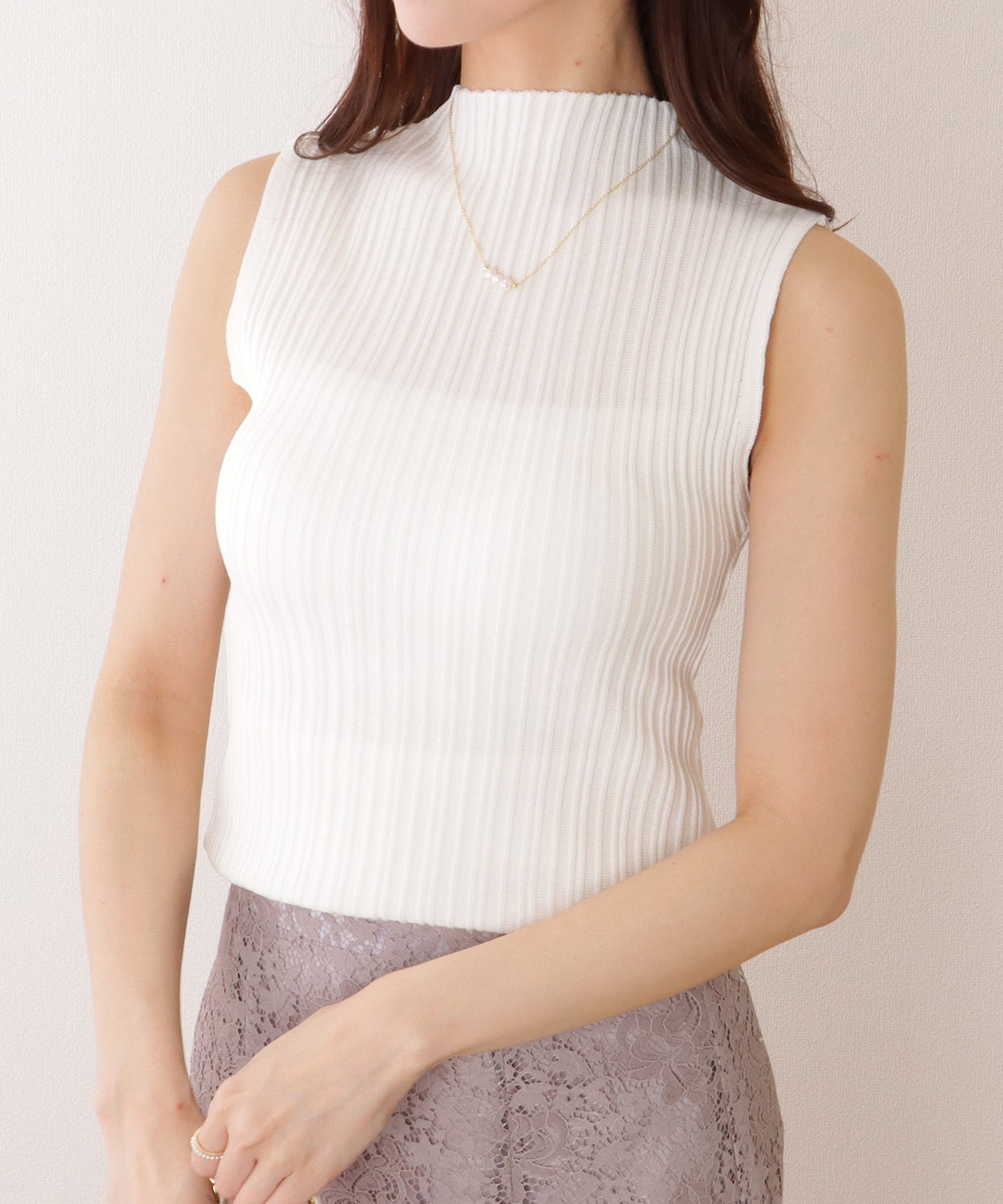 レースレディース Lace Ladies ハイネック タイト フィット リブ ニット トップス （ホワイト） ホワイト