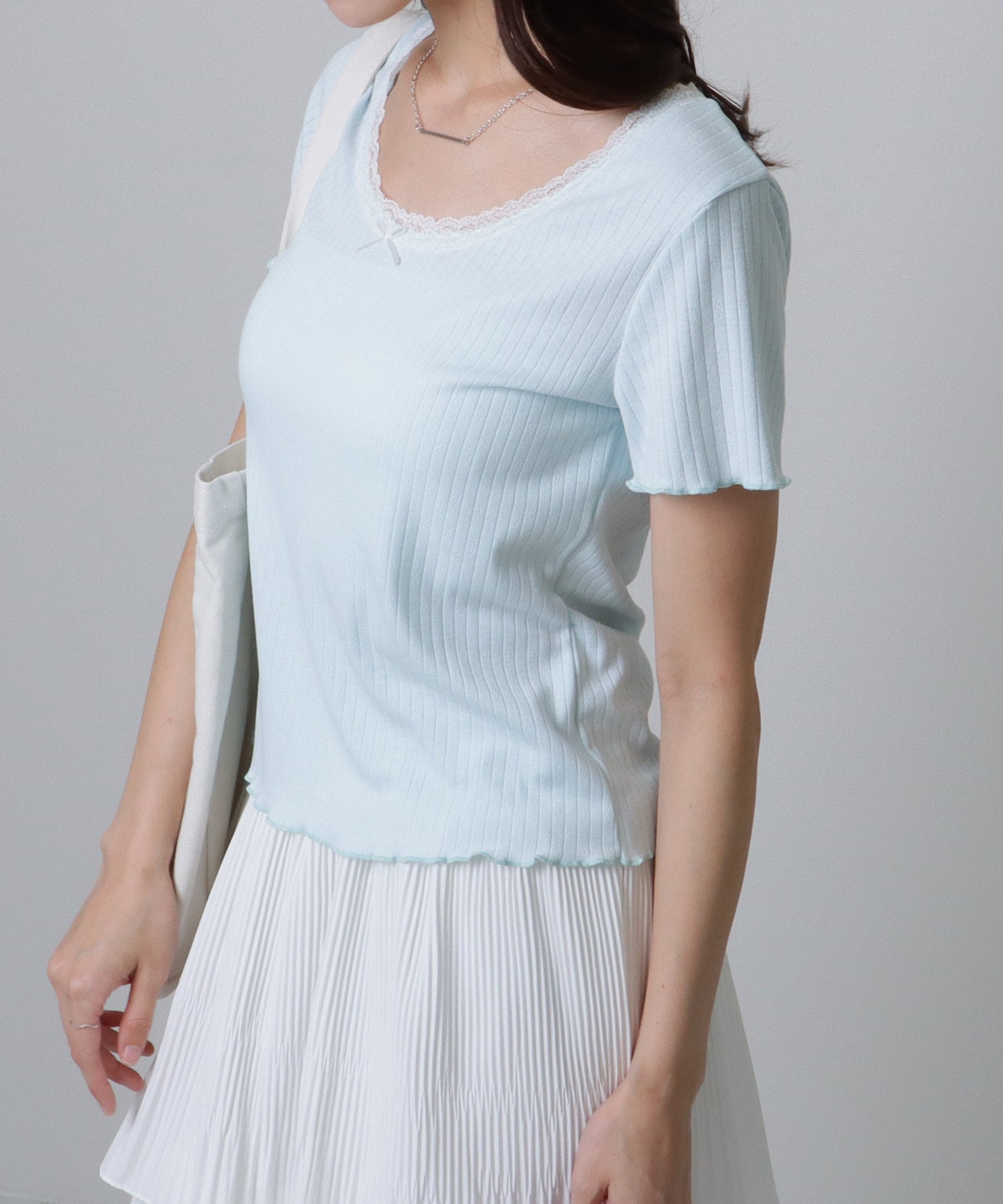 レースレディース Lace Ladies フリル リボン 半袖 メロウ Tシャツ （ブルー） ブルー