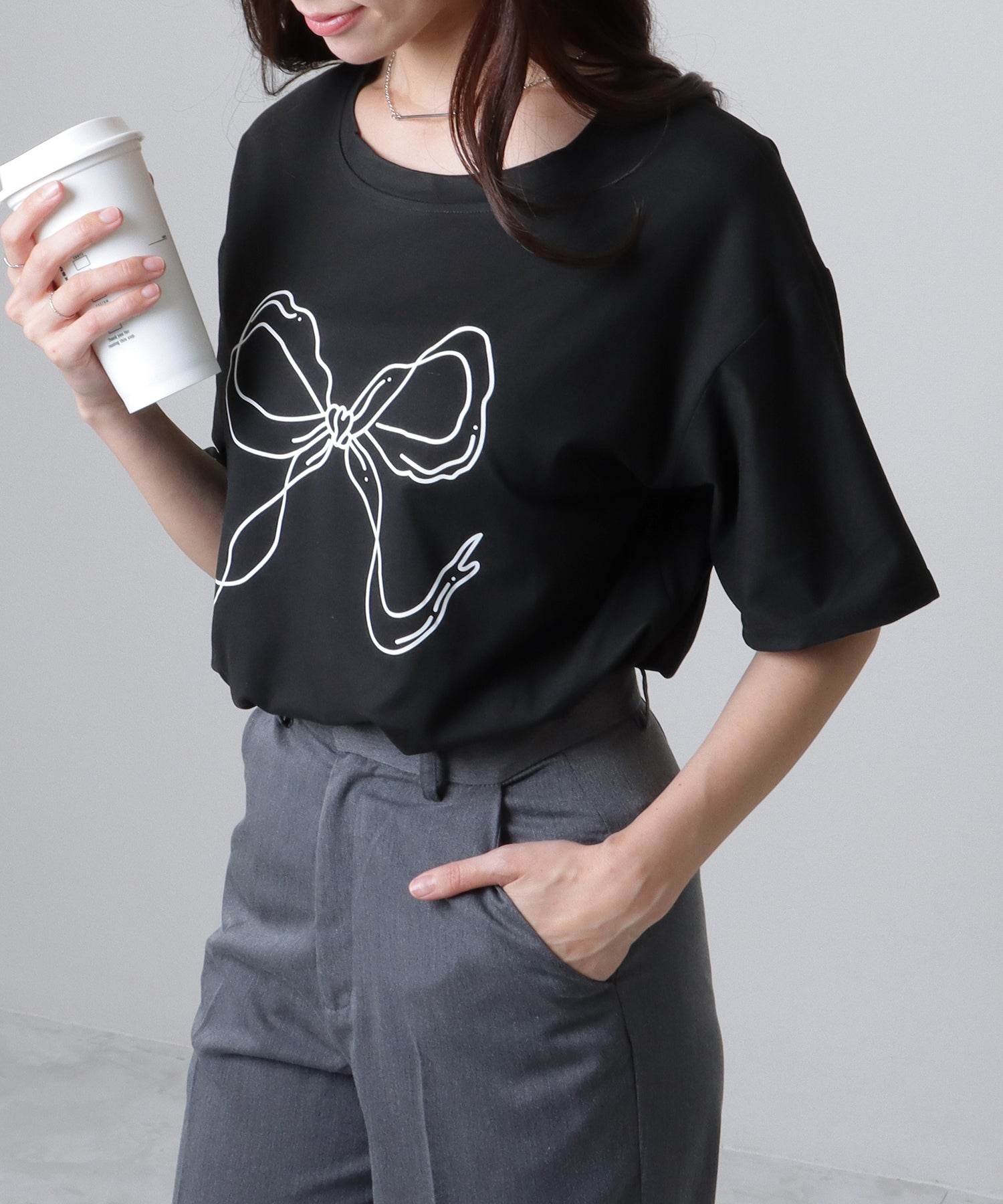 レースレディース Lace Ladies ソリッドカラー 半袖 リボン プリント Tシャツ （ホワイト） ホワイト