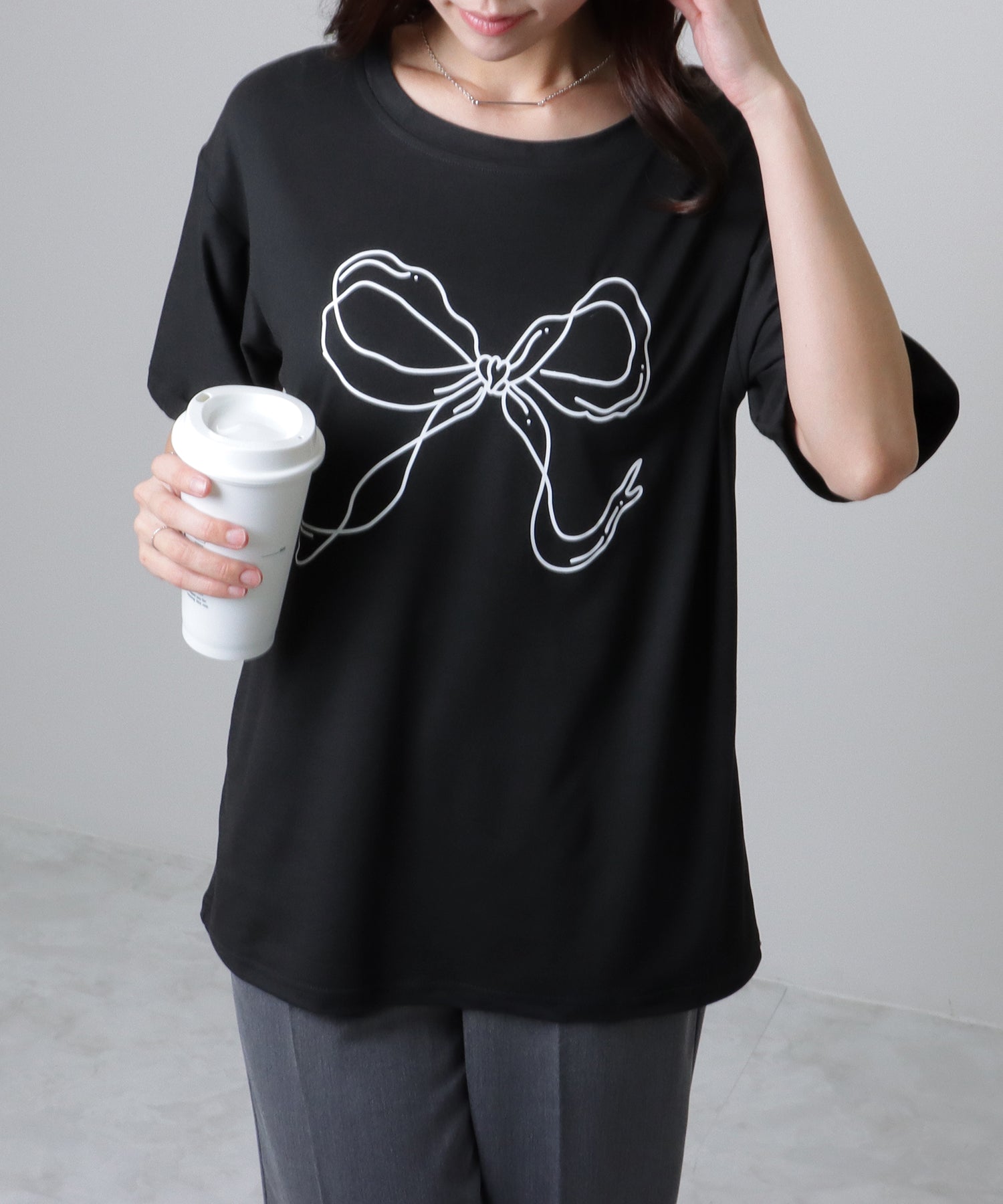 レースレディース Lace Ladies ソリッドカラー 半袖 リボン プリント Tシャツ （ホワイト） ホワイト